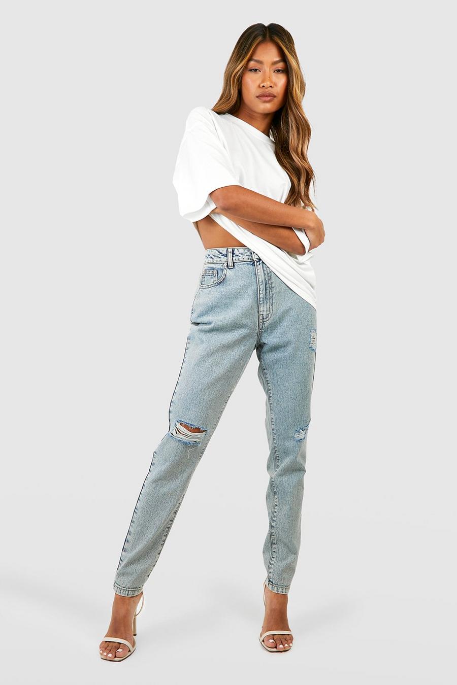 Washed blue Basics High Waisted Ripped Mom Jeans image number 1