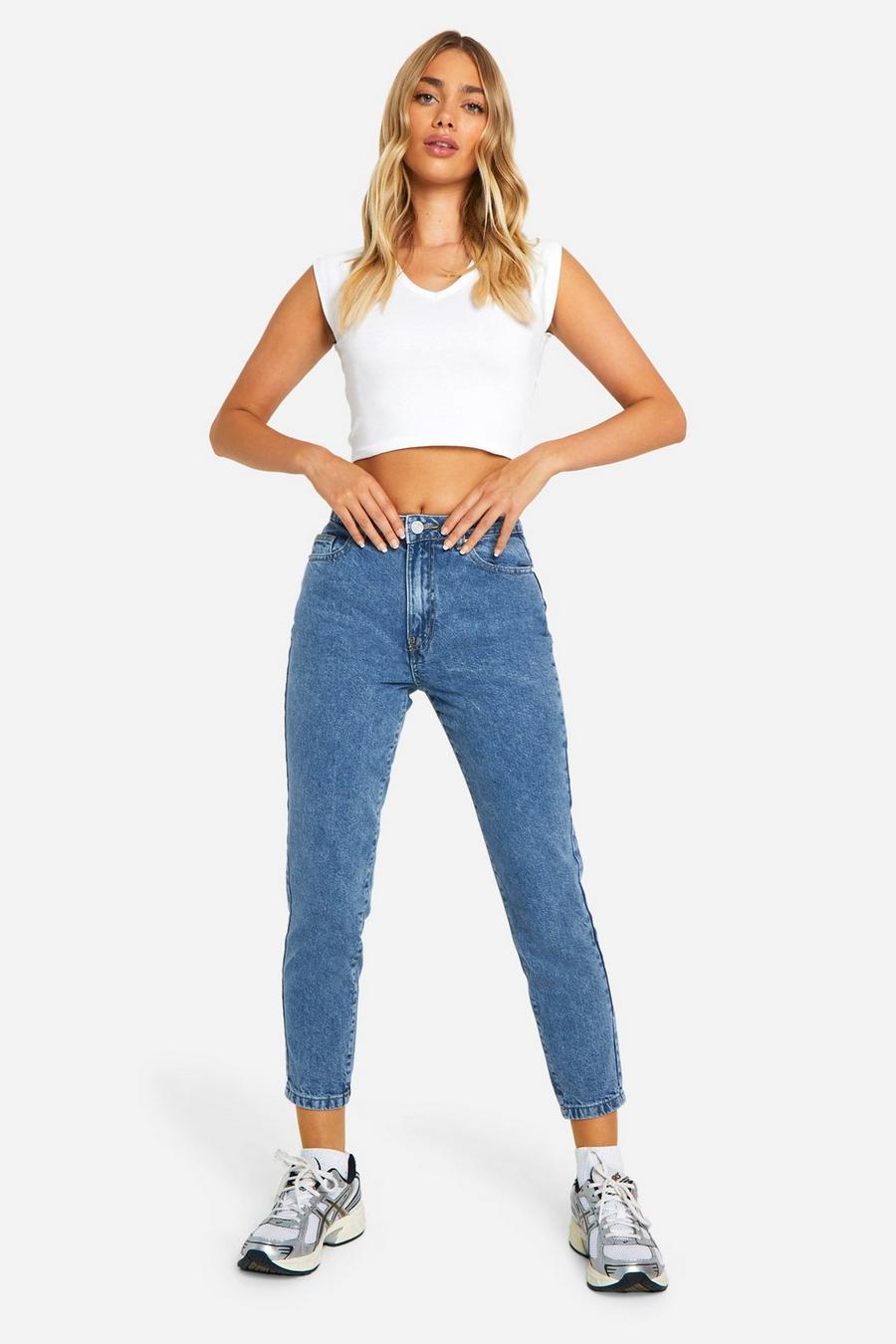 Basic Slim-Fit Mom-Jeans mit hohem Bund, Vintage blue