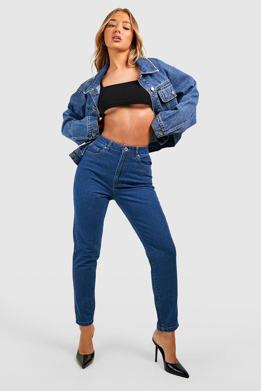 Basic Slim-Fit Mom-Jeans mit hohem Bund, Washed indigo