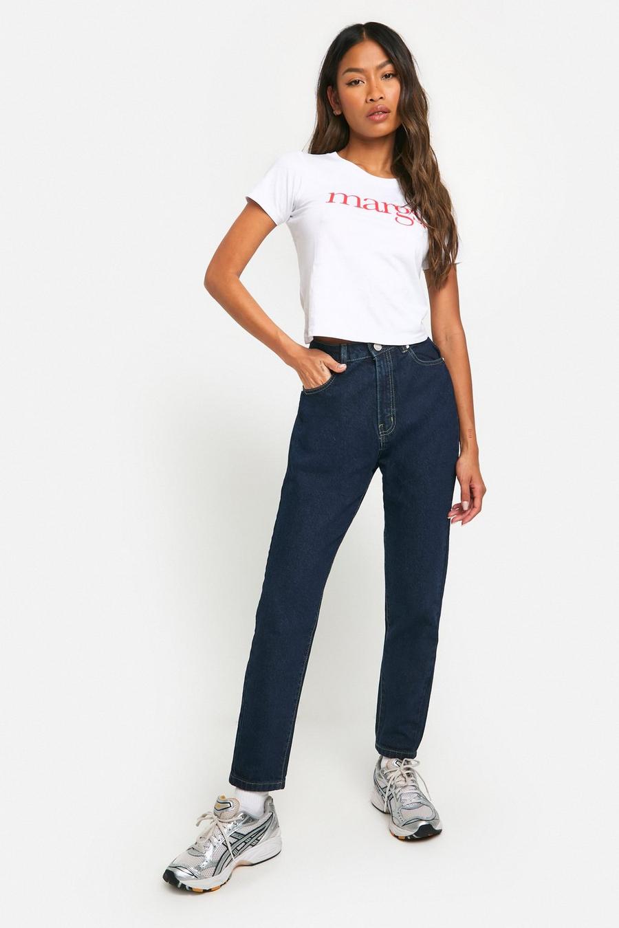 Basic Slim-Fit Mom-Jeans mit hohem Bund, Indigo