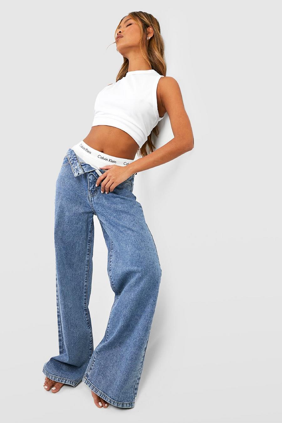 Basics weite Jeans mit hohem Bund, Vintage blue