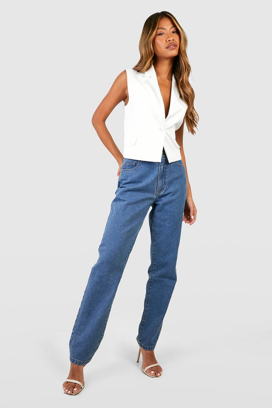 Basic Jeans mit hohem Bund und geradem Bein , Mid blue