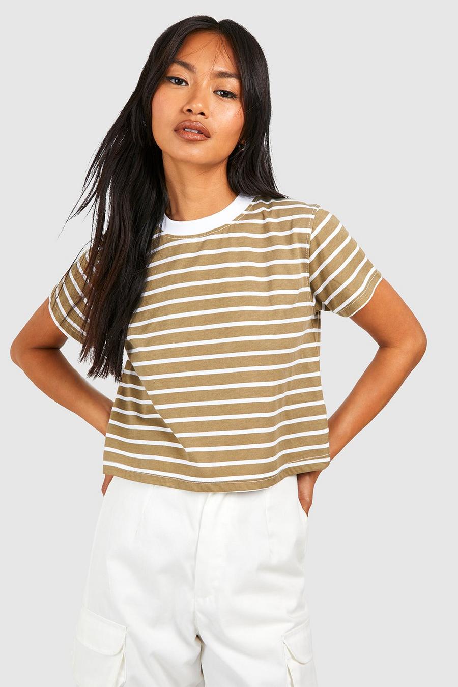 Olive Boxy Stripe Cropped T-shirt 
