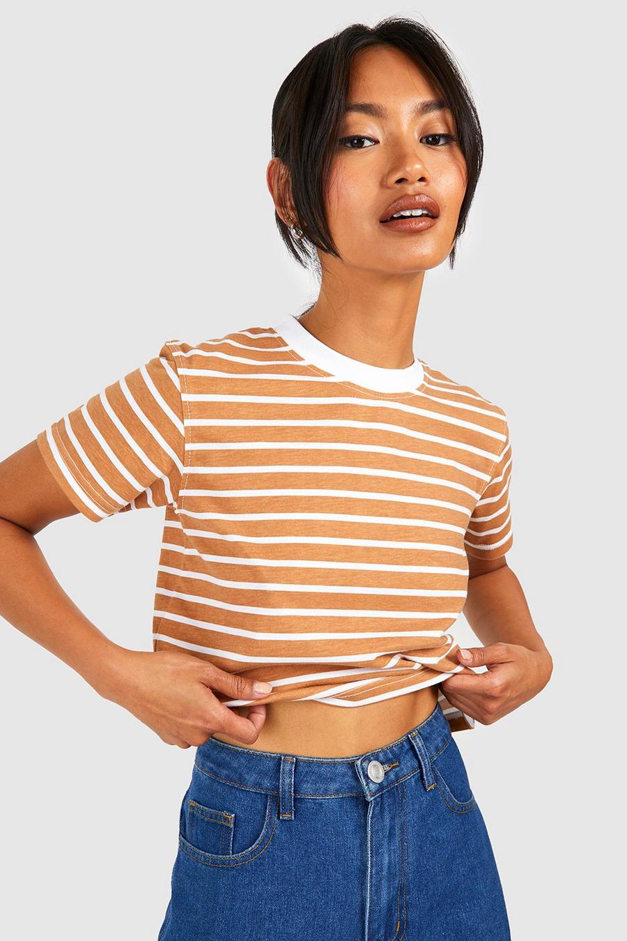 Toffee Boxy Stripe Cropped T-shirt