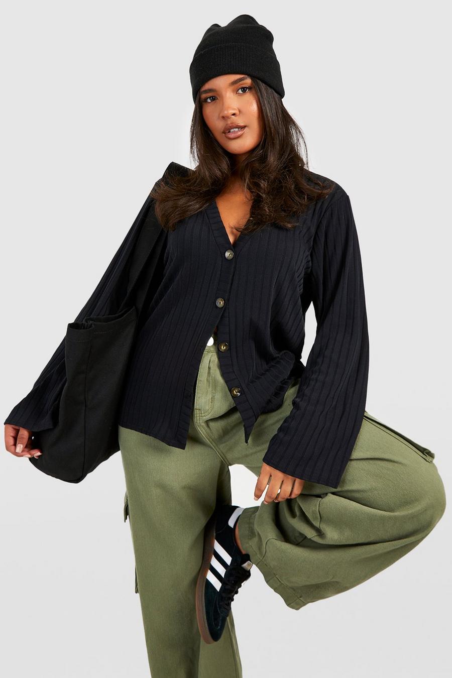 Black Plus Knitted Rib Button Front Cardigan