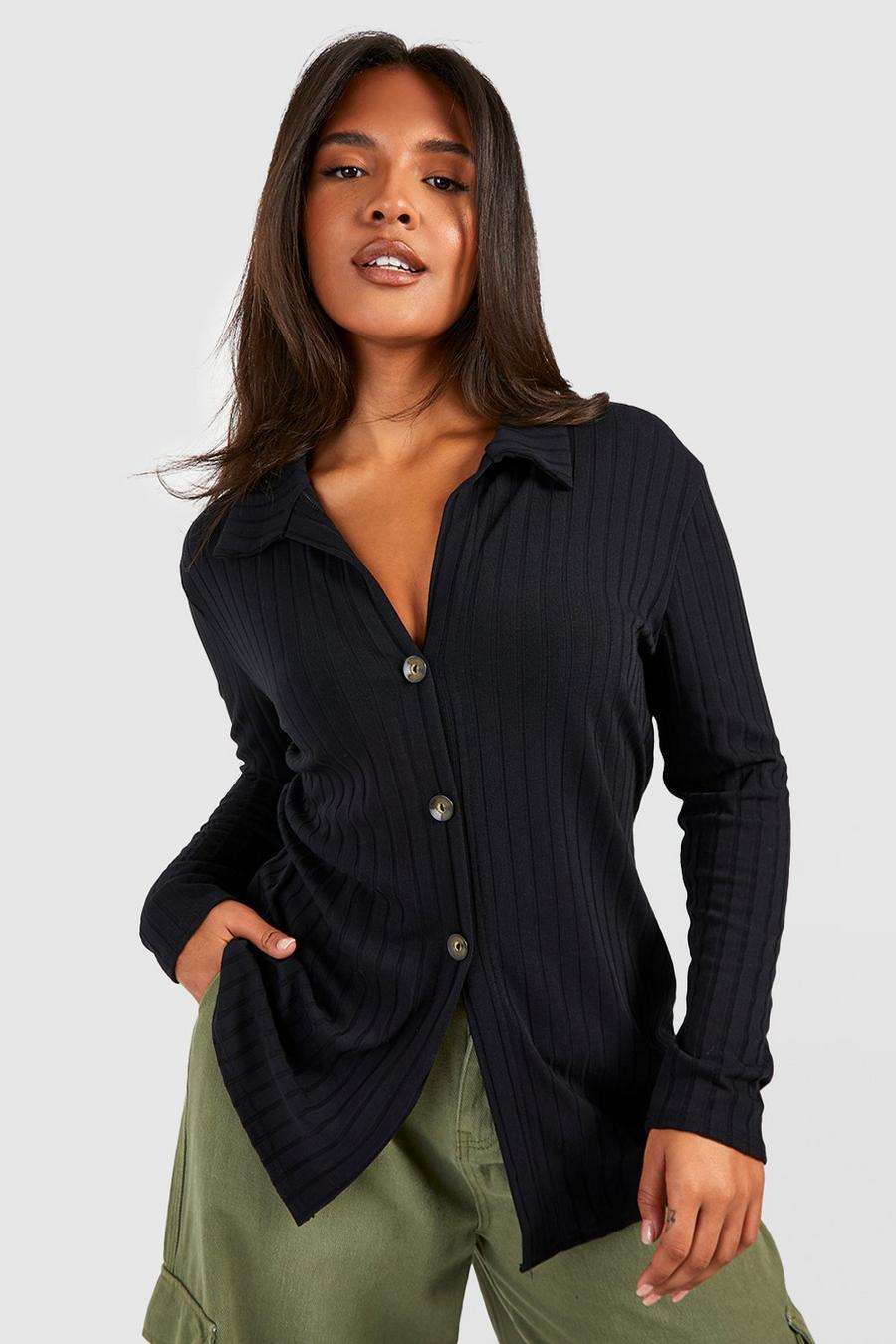 Cardigan Plus Size in maglia a coste con colletto e bottoni, Black