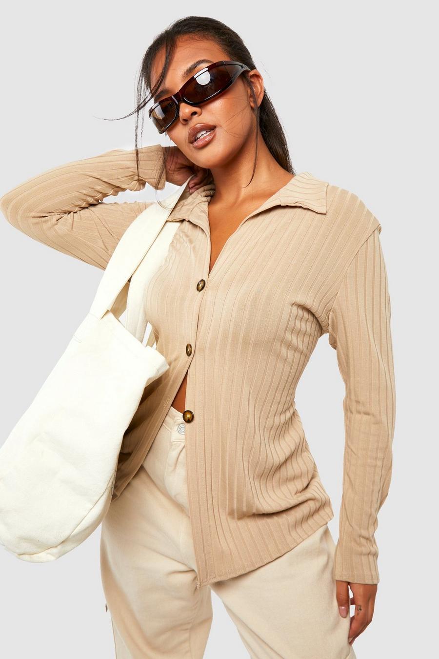 Taupe Plus Knitted Rib Button Front Collared Cardigan 
