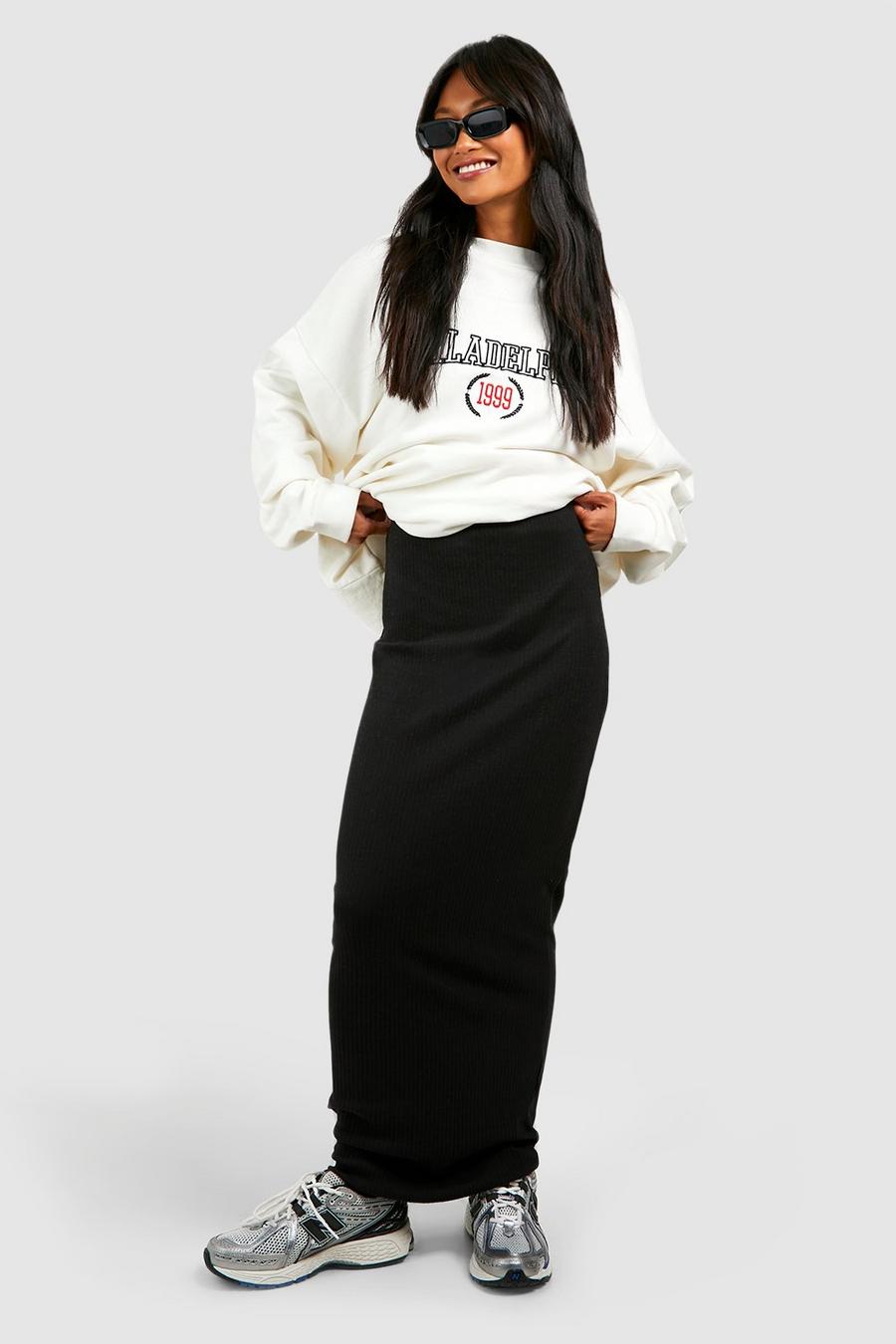 Black Geribbelde Katoenen Maxi Slip Skirt