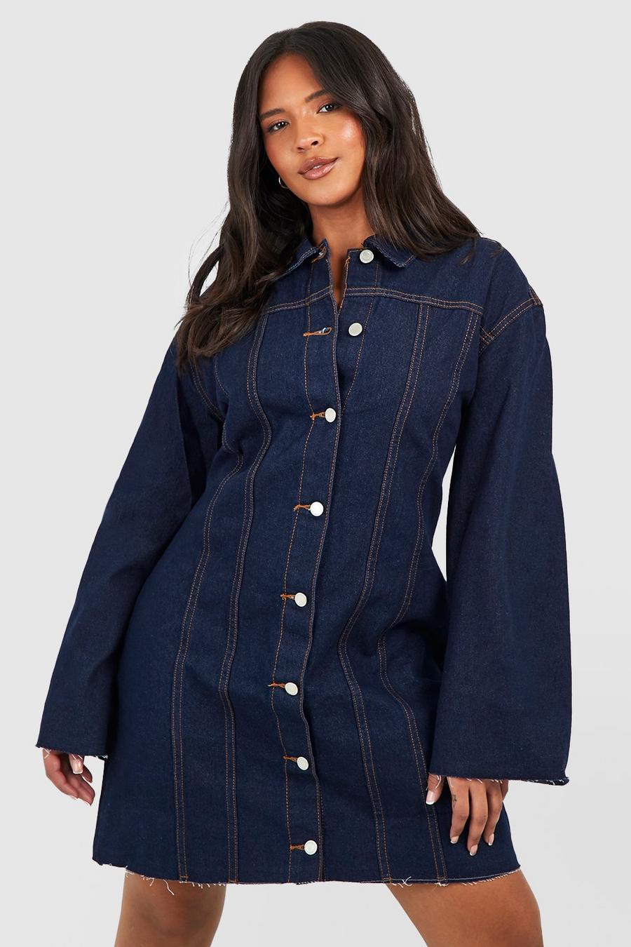 Vestido camisero Plus vaquero con bajo sin acabar, Indigo