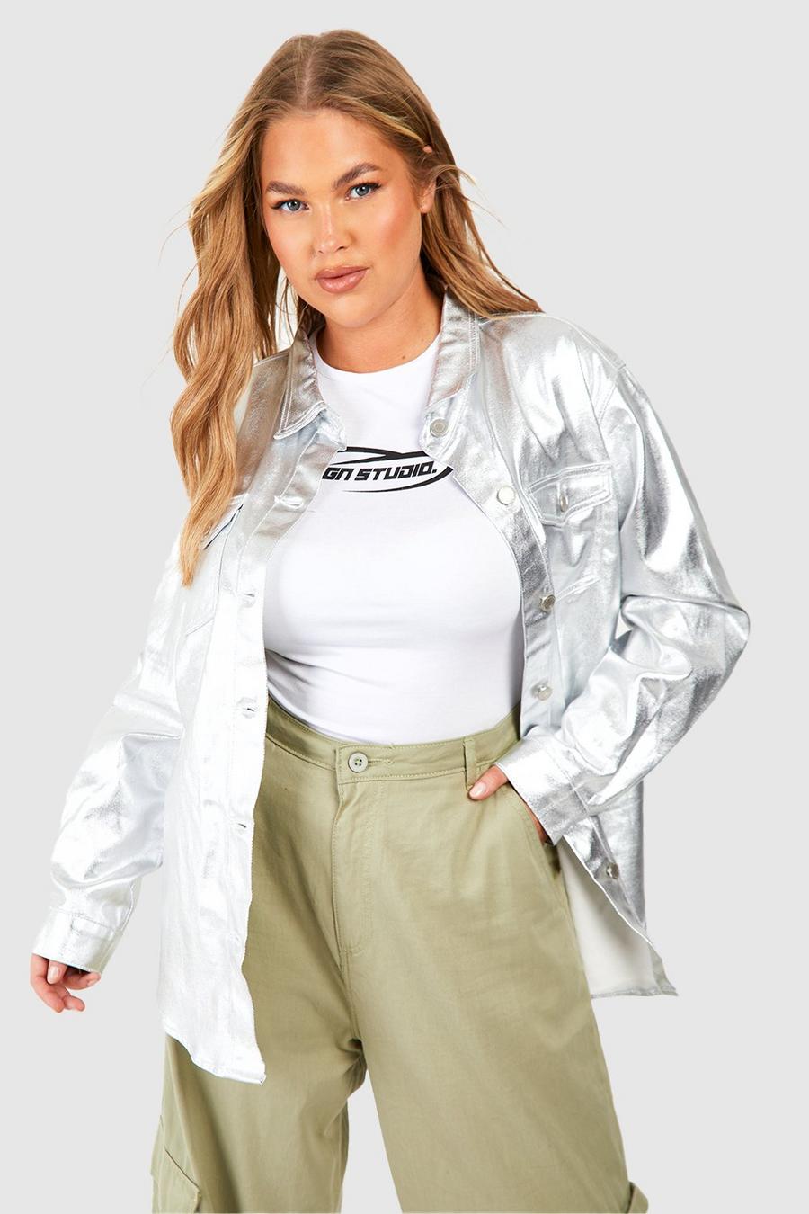 Camicia Plus Size oversize in denim rivestito metallizzato, Silver