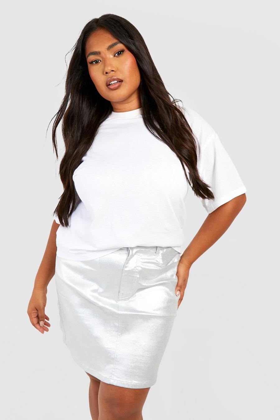 Silver Plus Metallic Coated Denim Mini Skirt