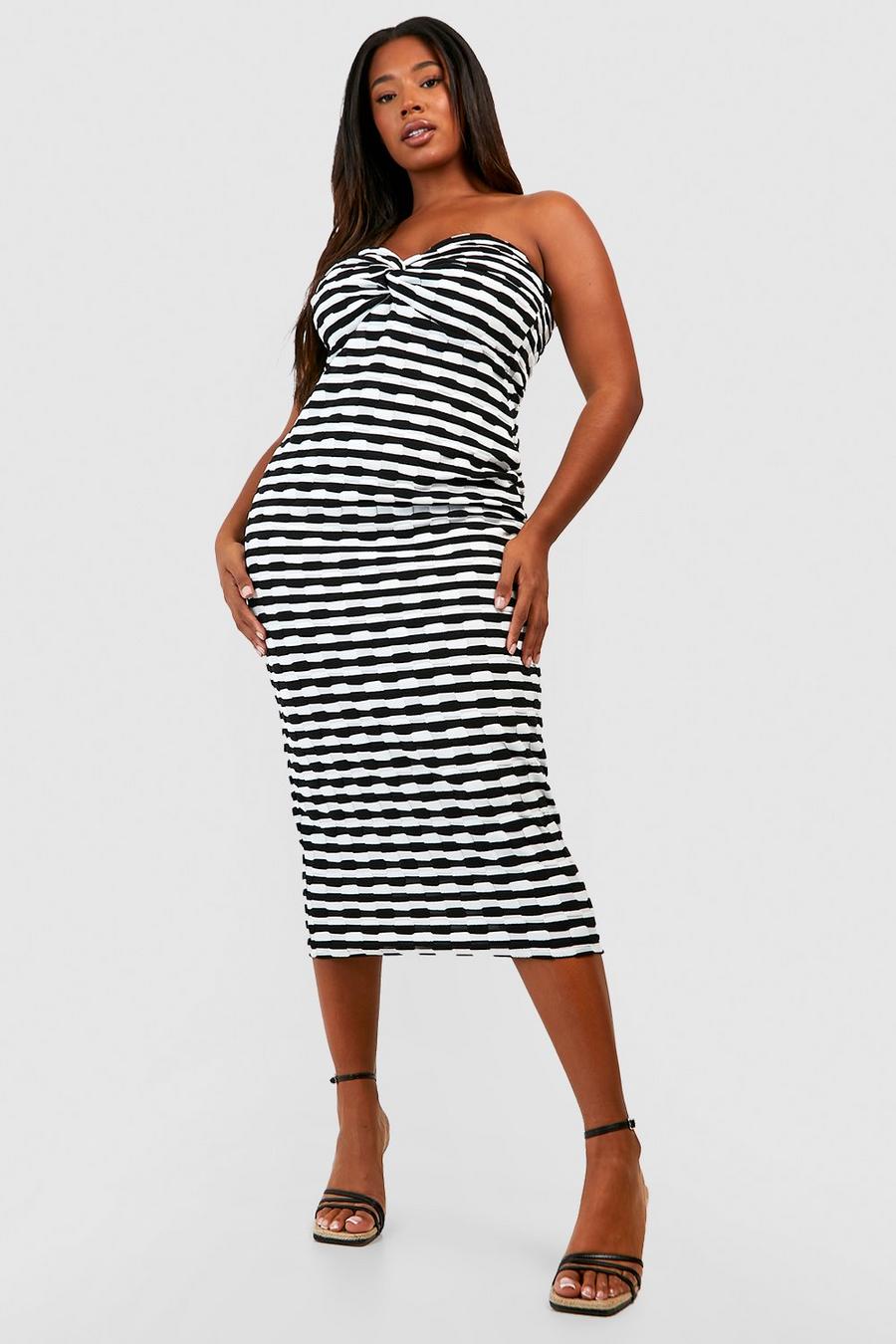 Black Plus Textured Stripe Twist Front Bandeau Midaxi Dress 