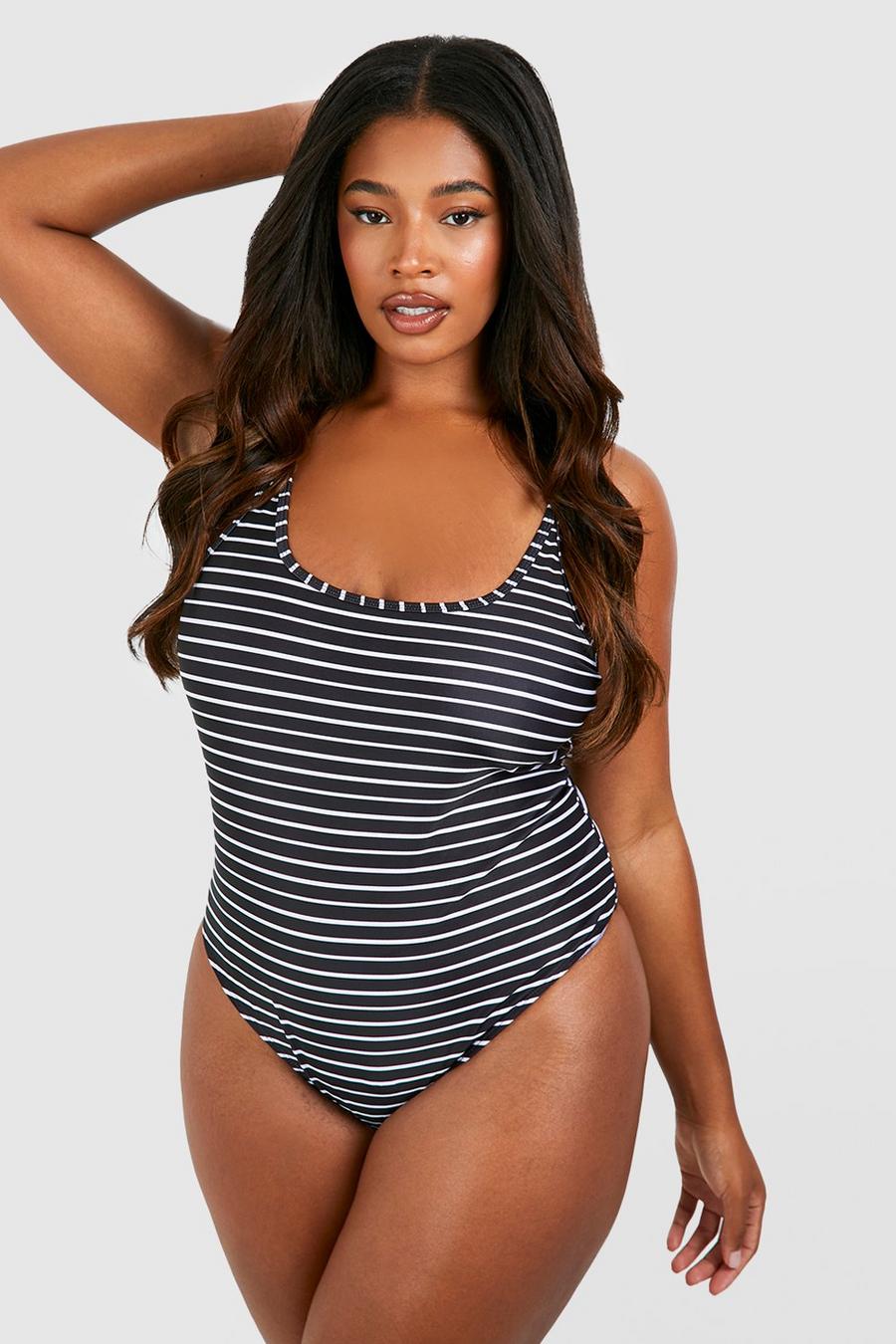 Black Plus Stripe Strappy Swimsuit 