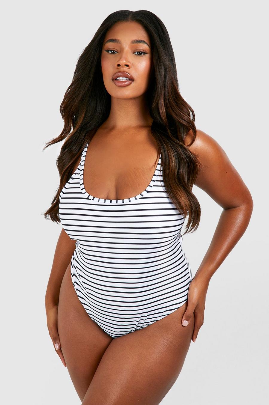 White Plus Stripe Strappy Swimsuit  image number 1