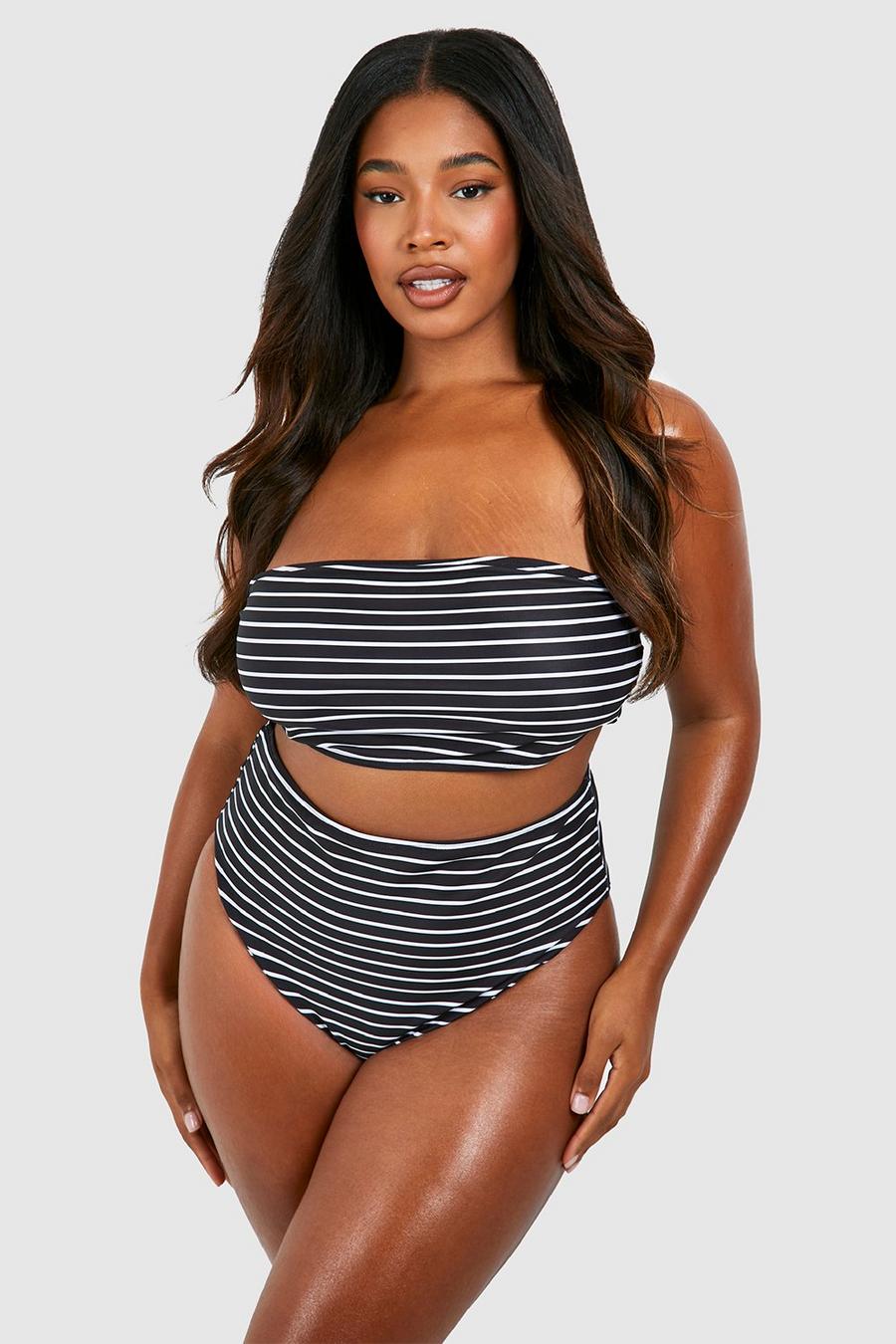 Black Plus Stripe Bandeau Bikini Set  