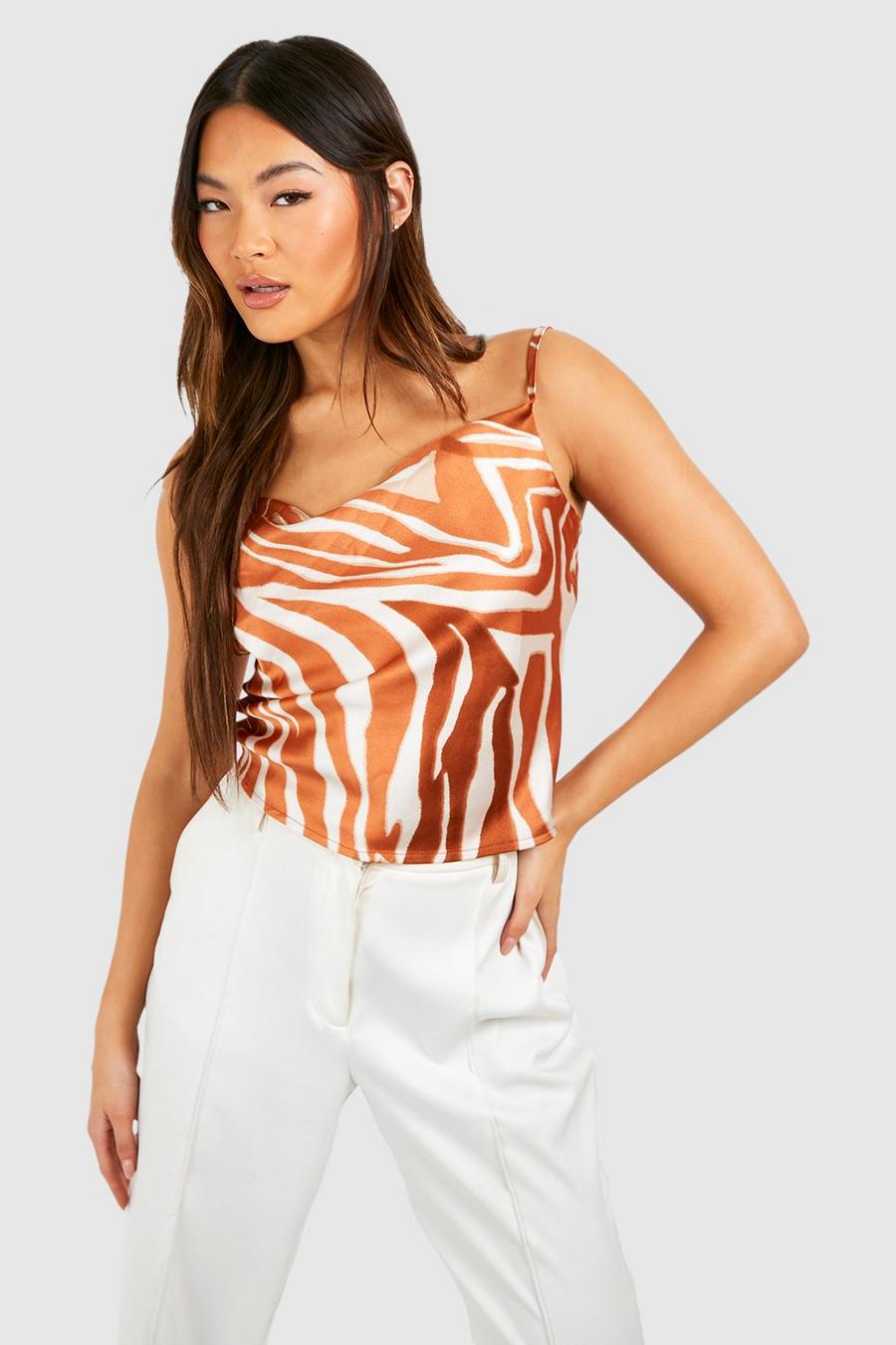 Camisola de raso con escote plisado y estampado de tigre