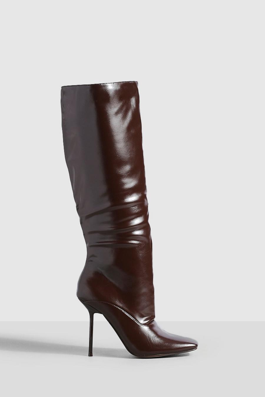 Chocolate Square Toe Stilleto Knee High Boots