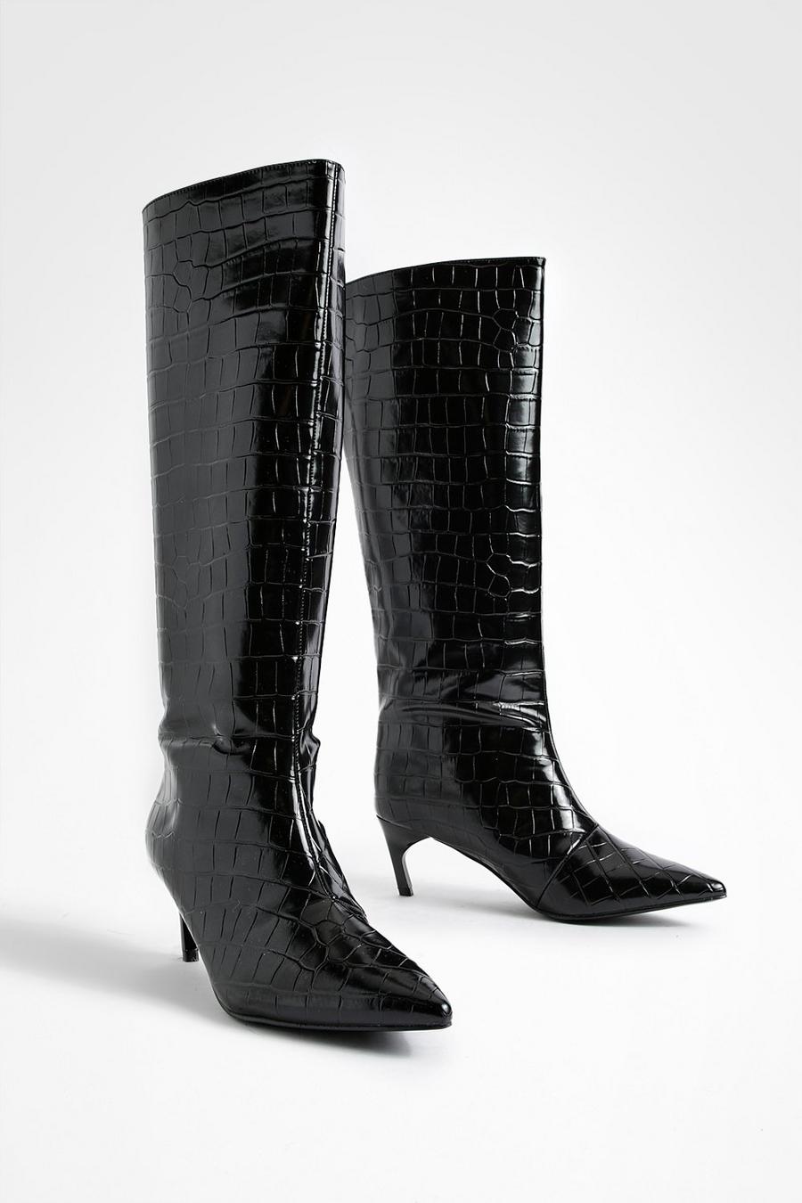 Black Low Heel Pointed Croc Knee High Boots