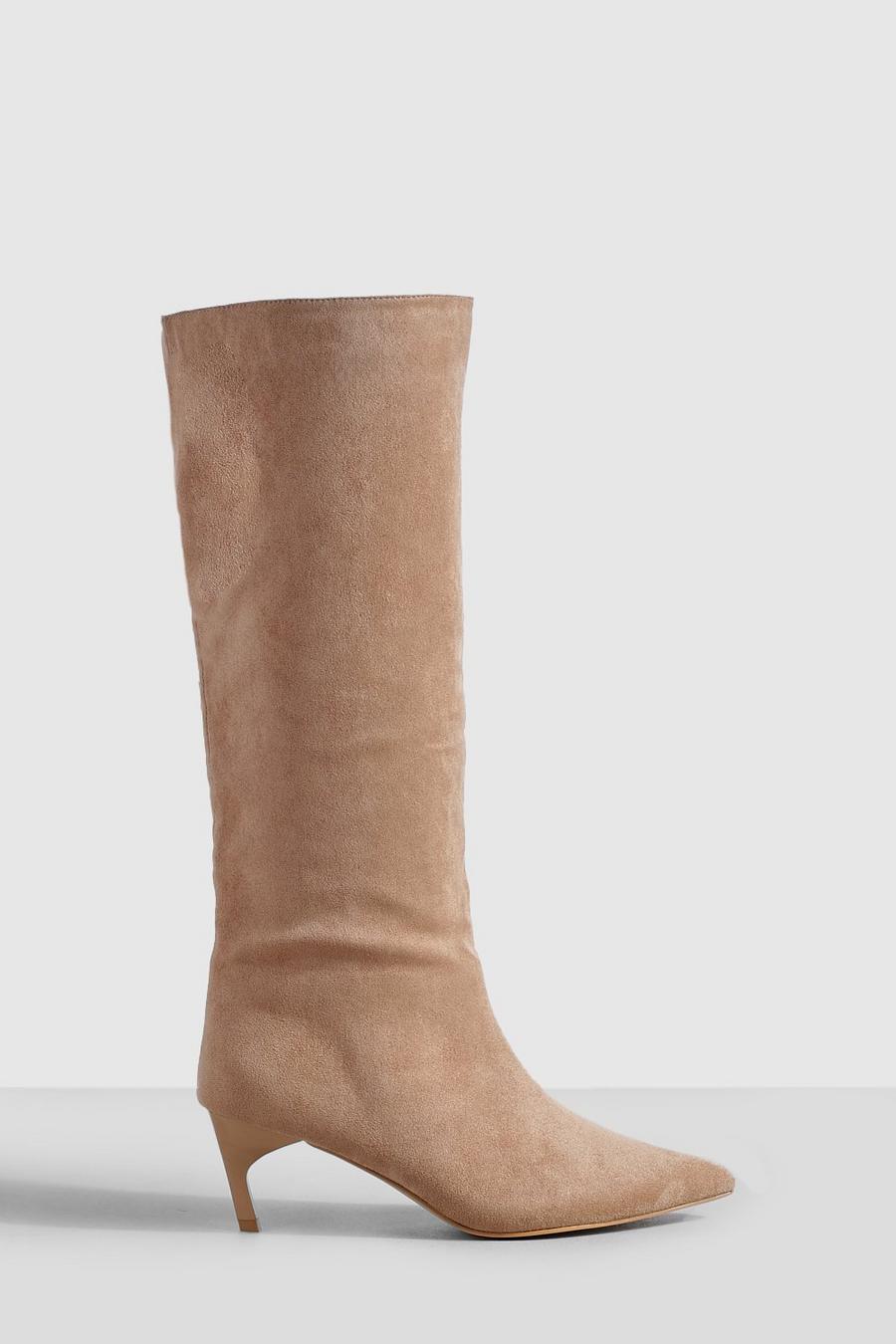 Taupe Low Heel Pointed Knee High Boots