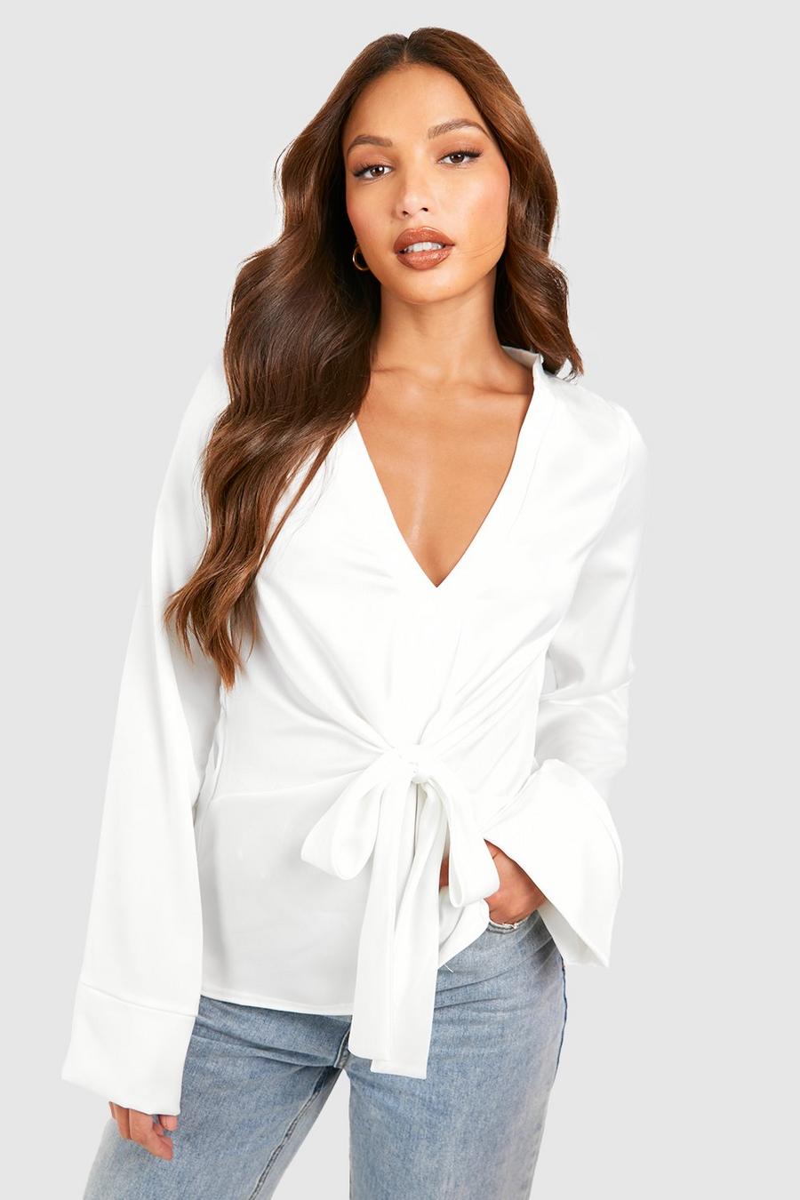 Ivory Tall Satin Tie Front Drape Plunge Blouse