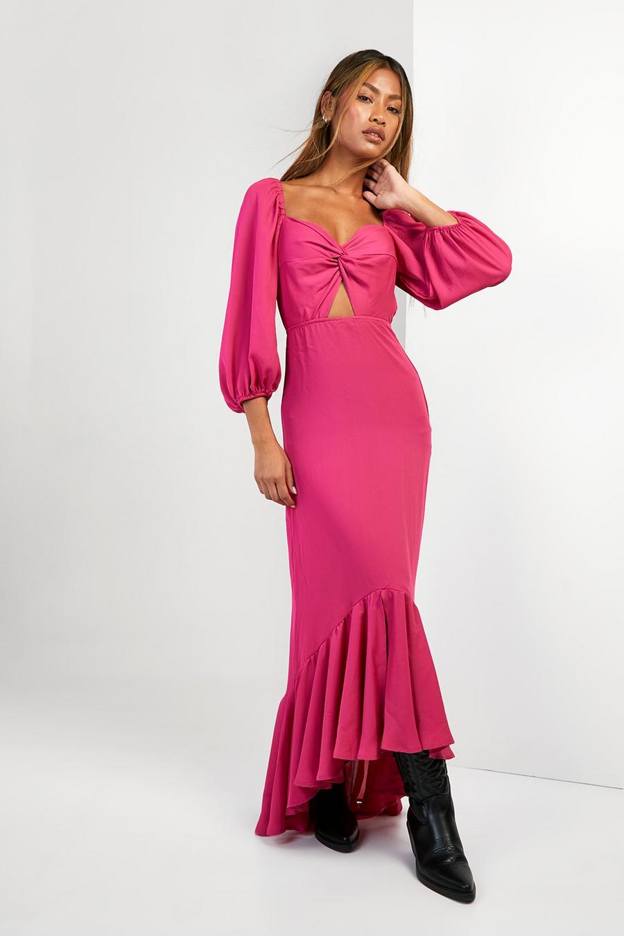 Hot pink Långklänning med volanger, cut-out och puffärm image number 1