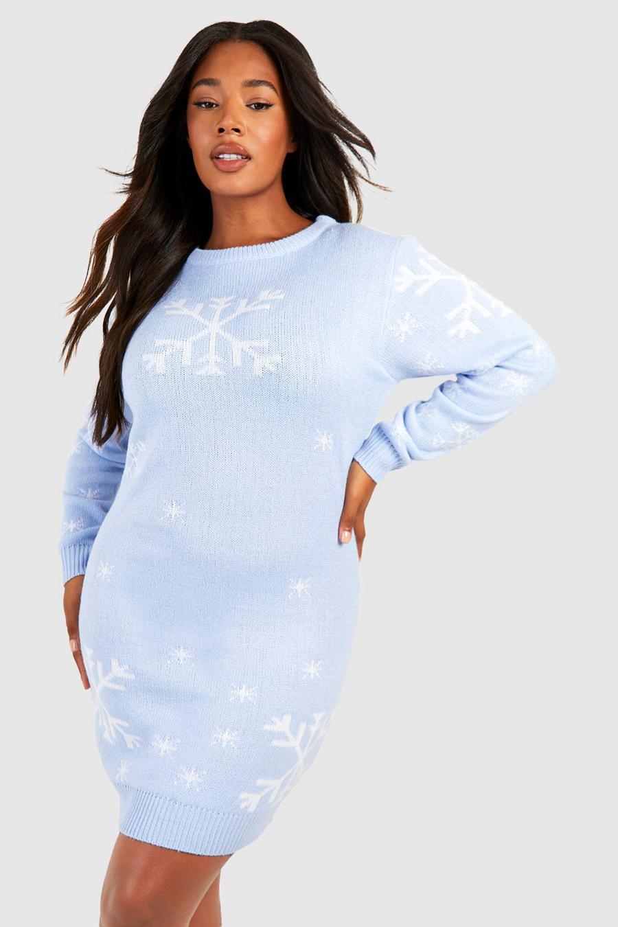 Plus Weihnachts-Pulloverkleid mit Schneeflocken, Sky blue