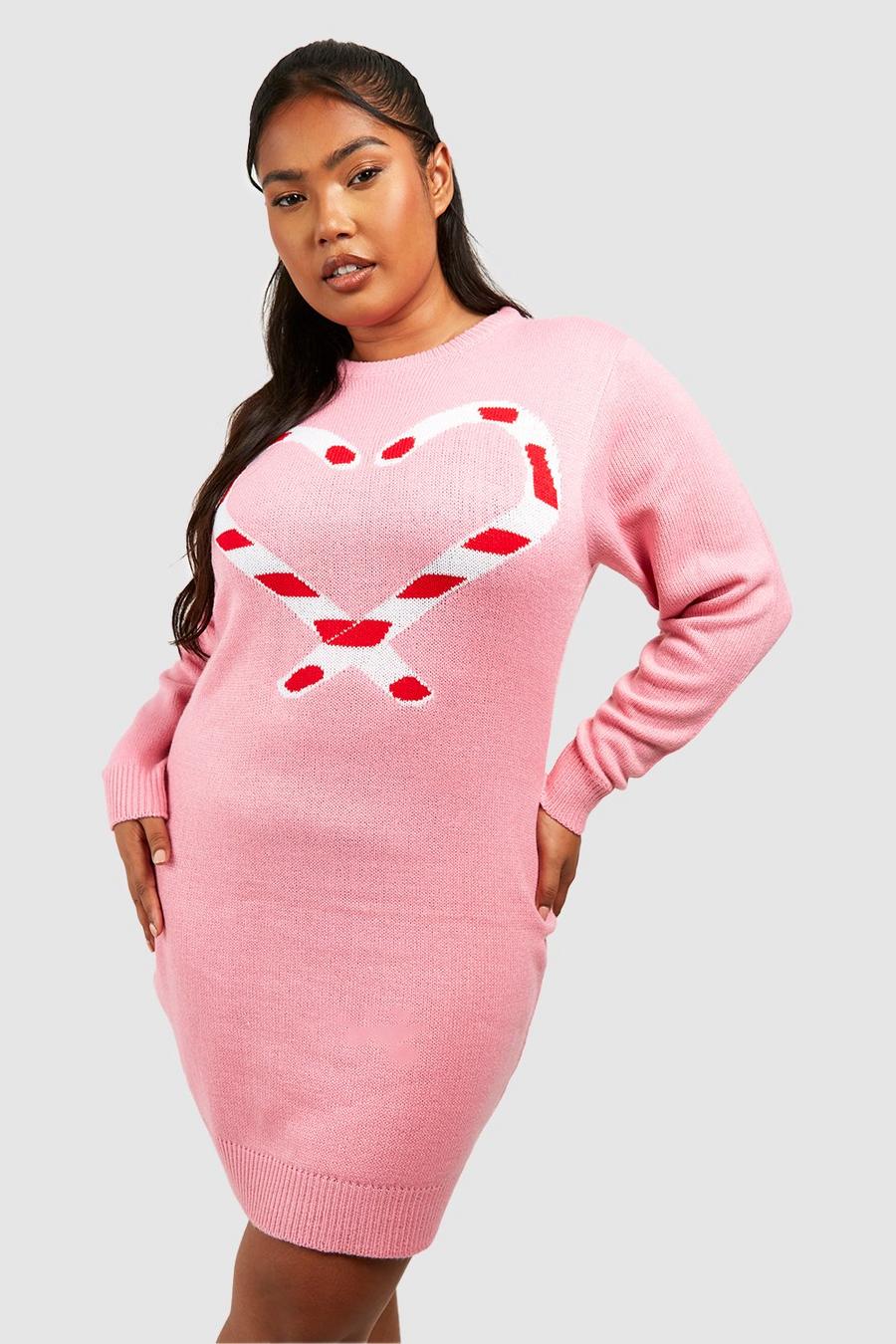 Vestito in maglia Plus Size natalizio con cuori Candy Cane, Baby pink