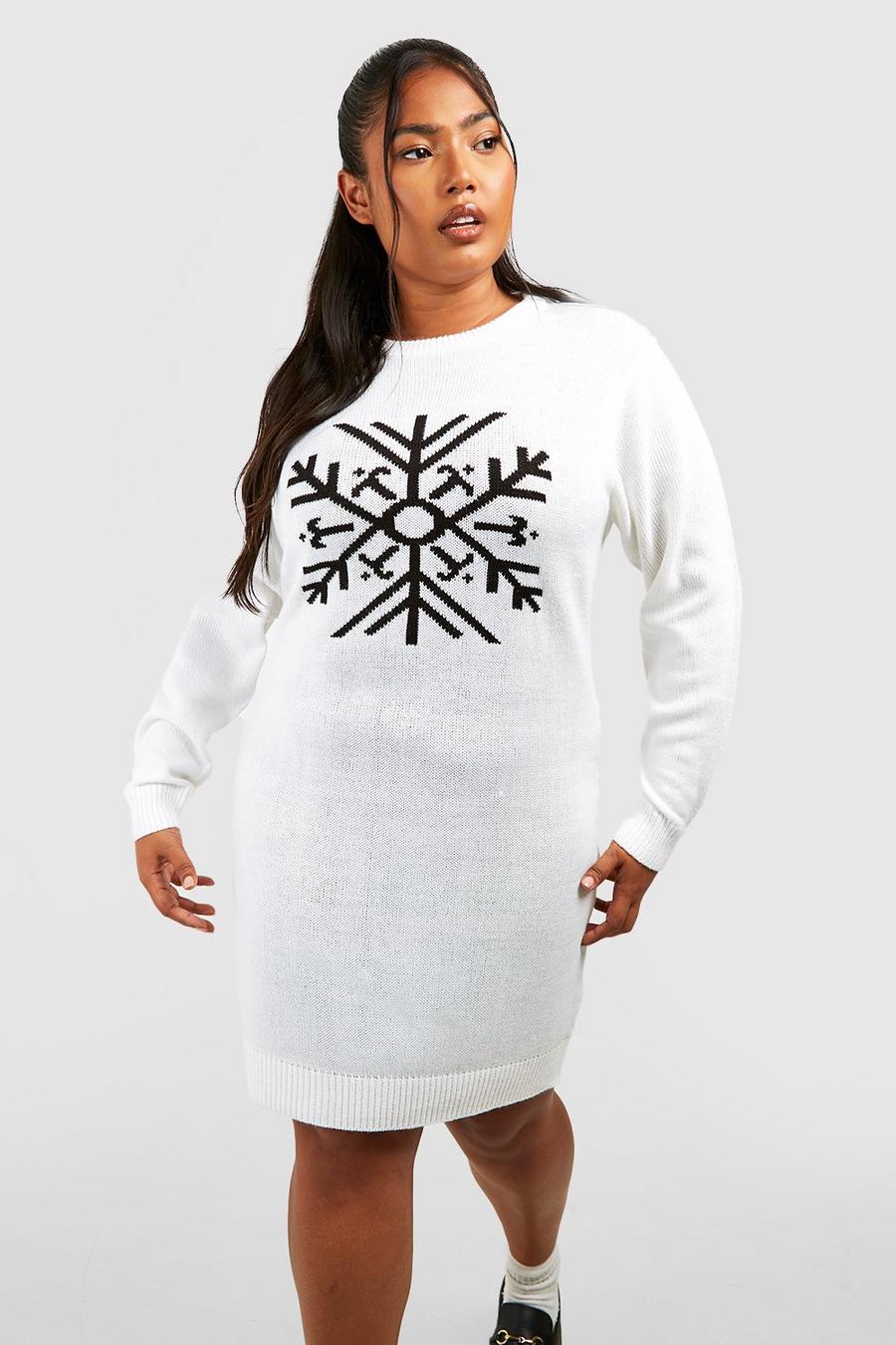 Plus Weihnachts-Pulloverkleid mit Schneeflocken, White image number 1