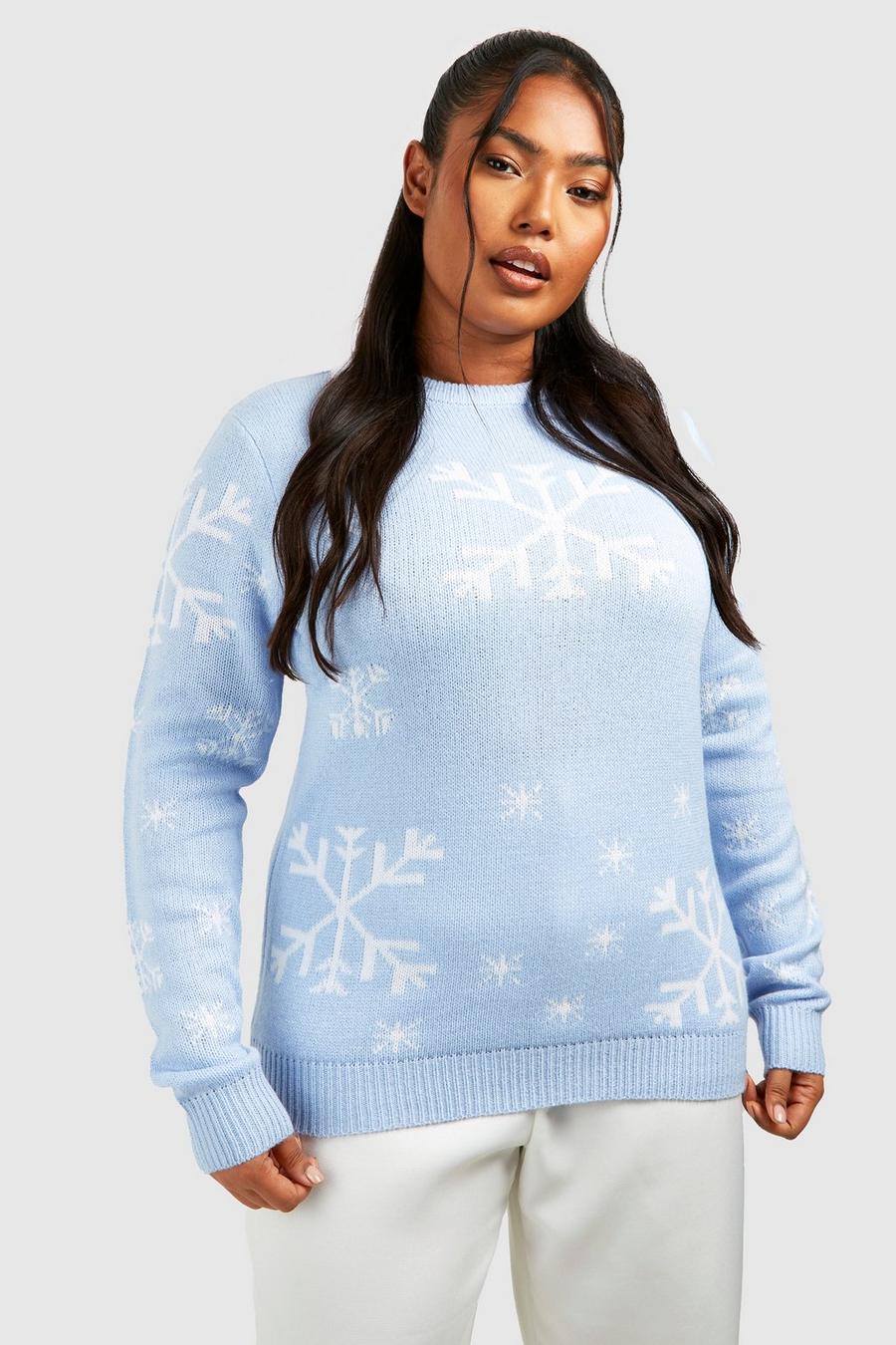 Maglione natalizio Plus Size con stampa di fiocchi di neve, Sky blue