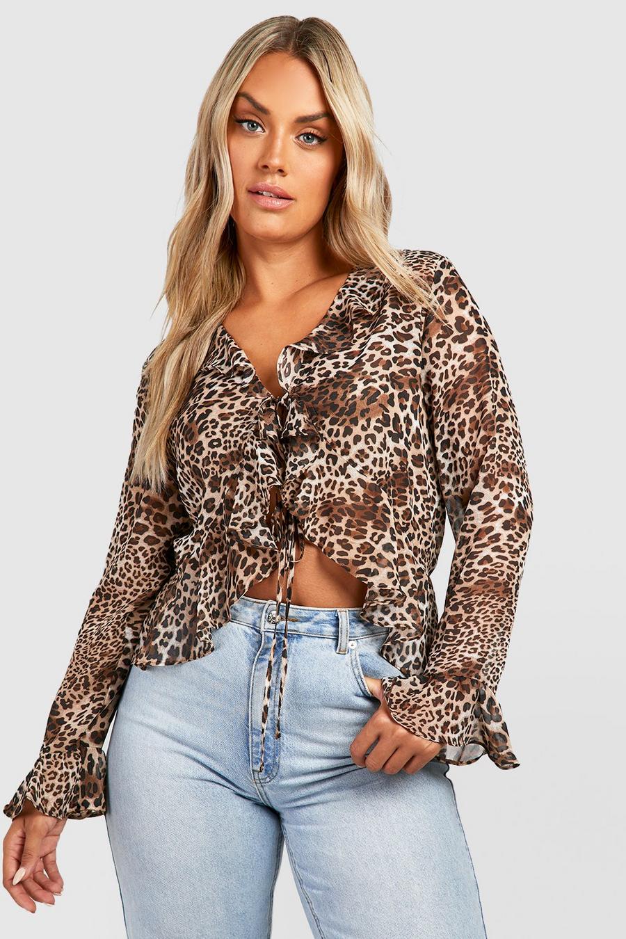 Blusa Plus Size con stampa leopardata, laccetti frontali e fondo arricciato, Brown
