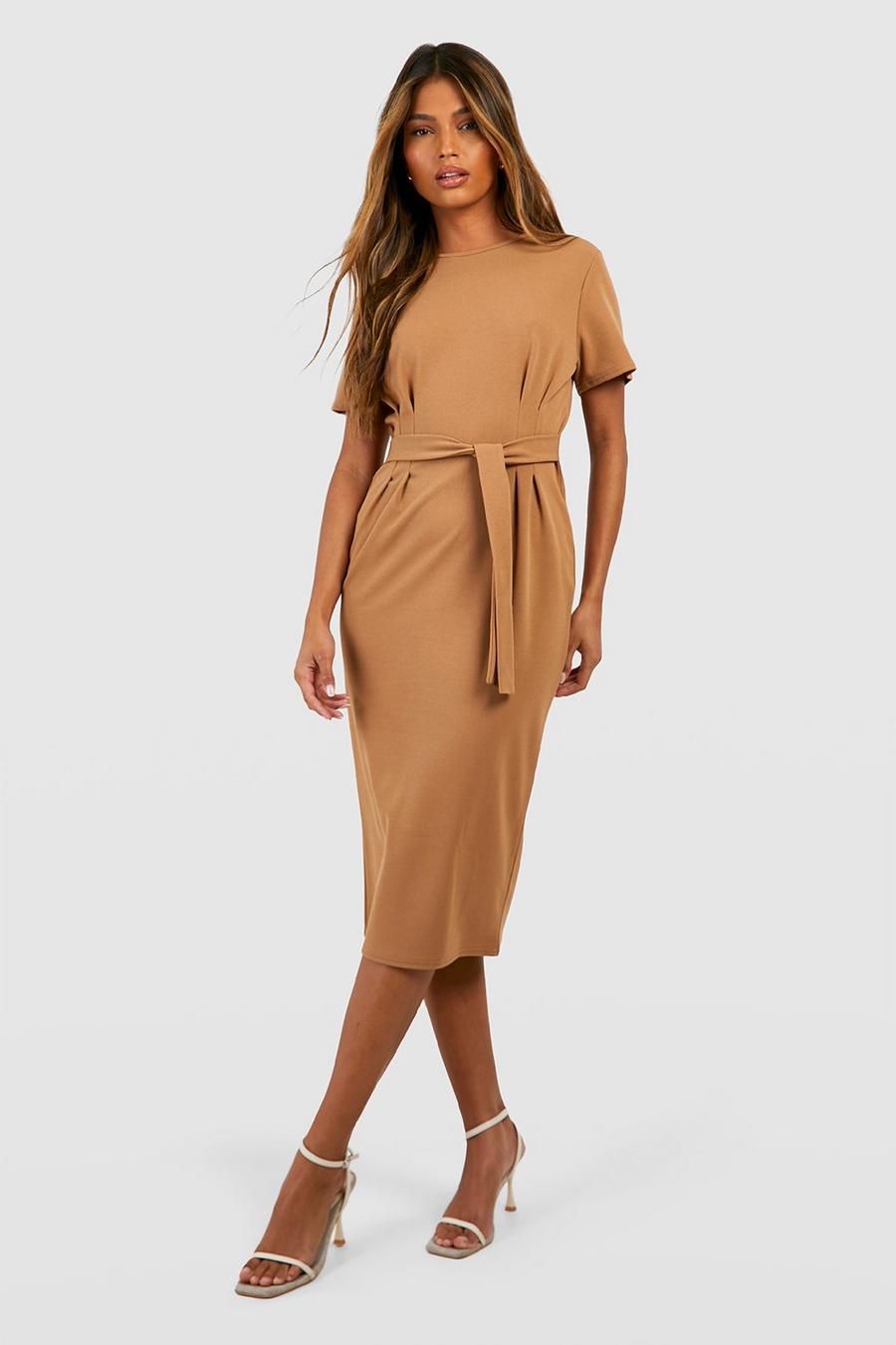 Camel Crepe Pleat Front Belted Midi Dress