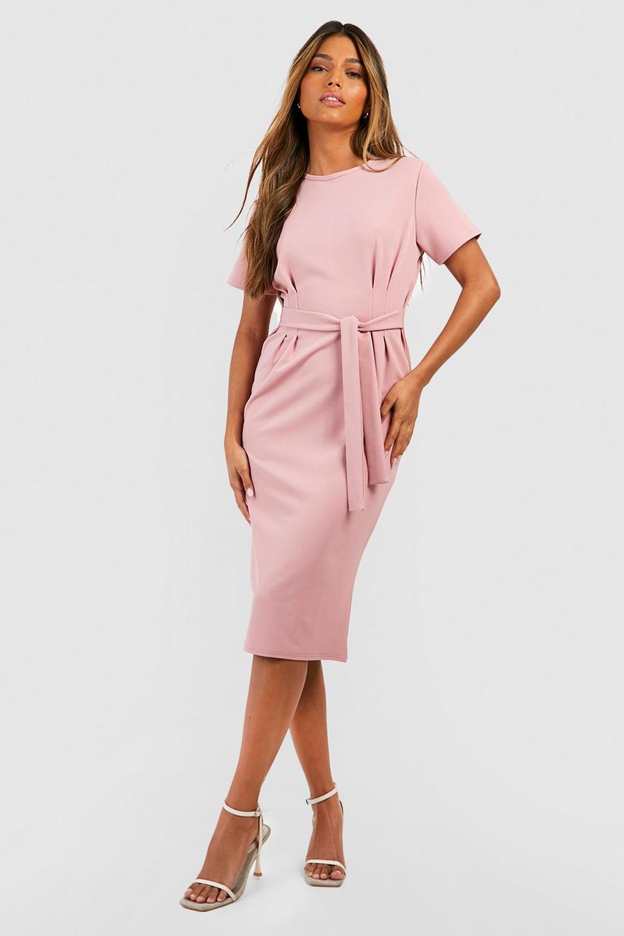 Rose Crepe Pleat Front Belted Midi Dress