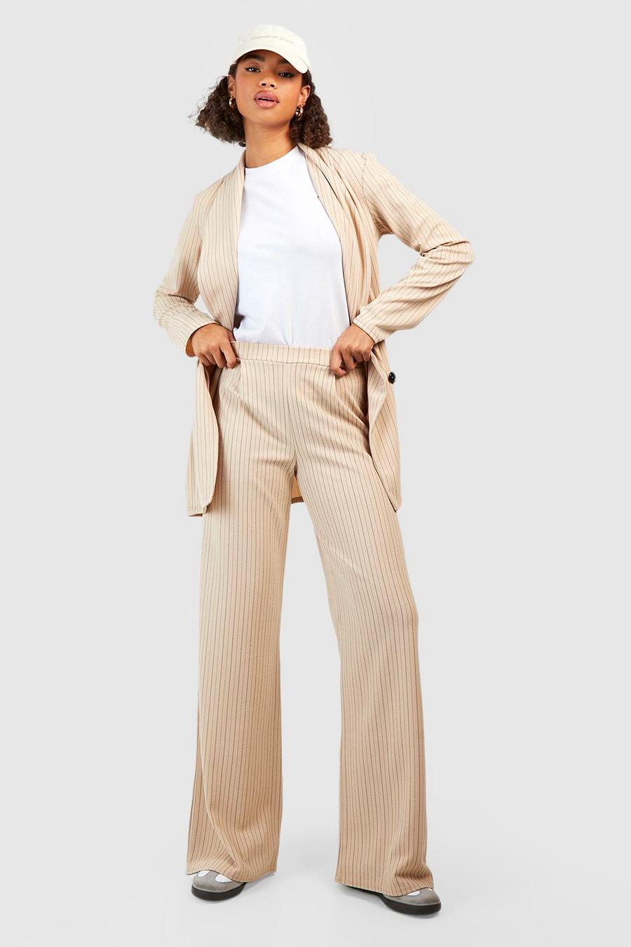 Stone Tall Basic Jersey Pinstripe Relaxed Wide Leg Trouser