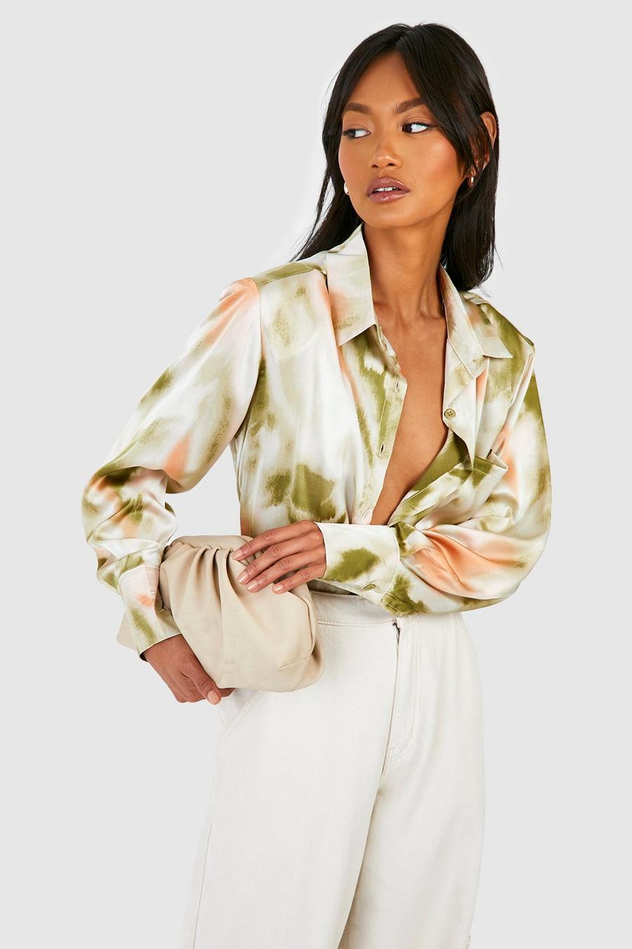 Olive Abstract Satin Fitted Shoulder Pad Shirt 