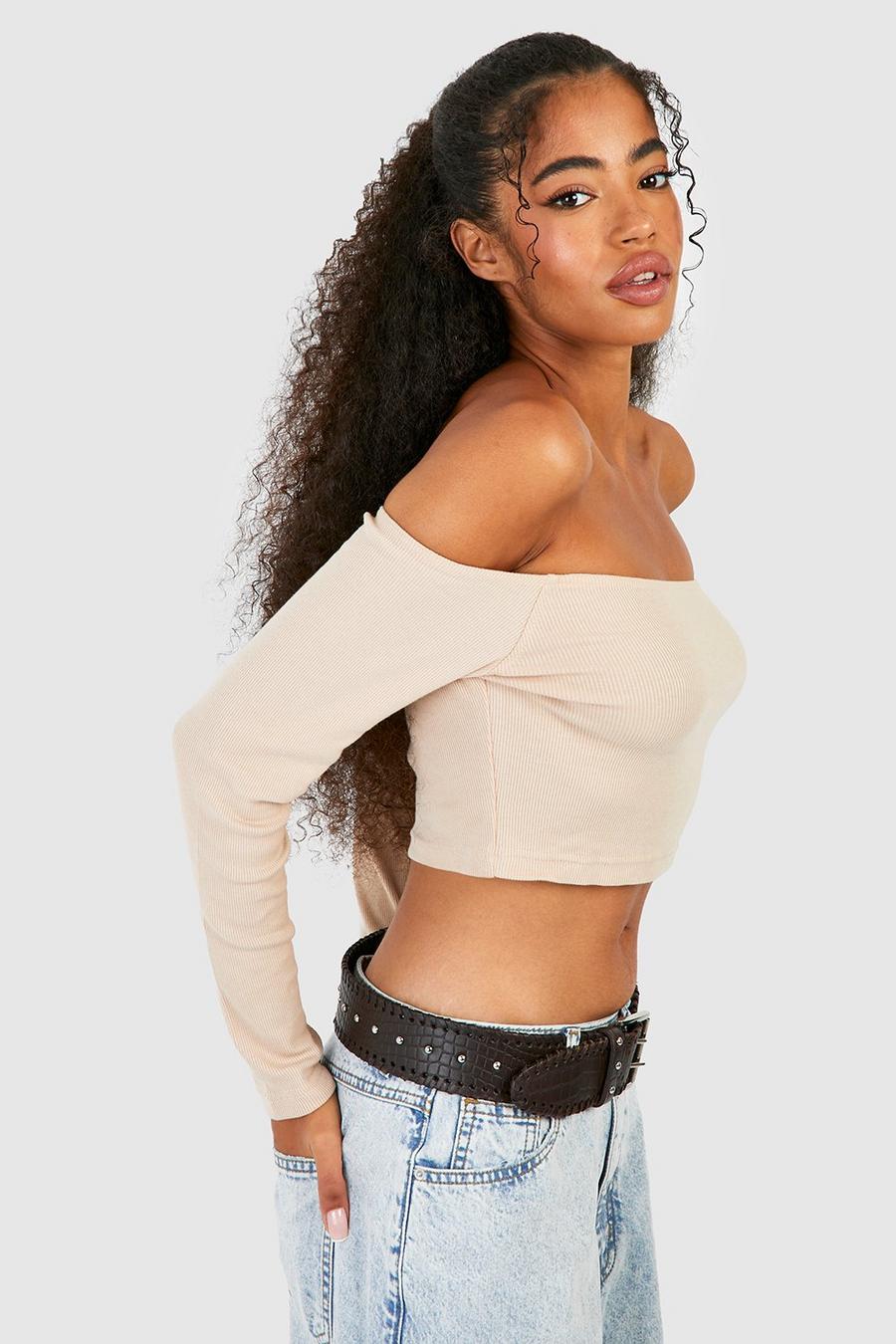 Stone Basic Rib Off The Shoulder Crop Top