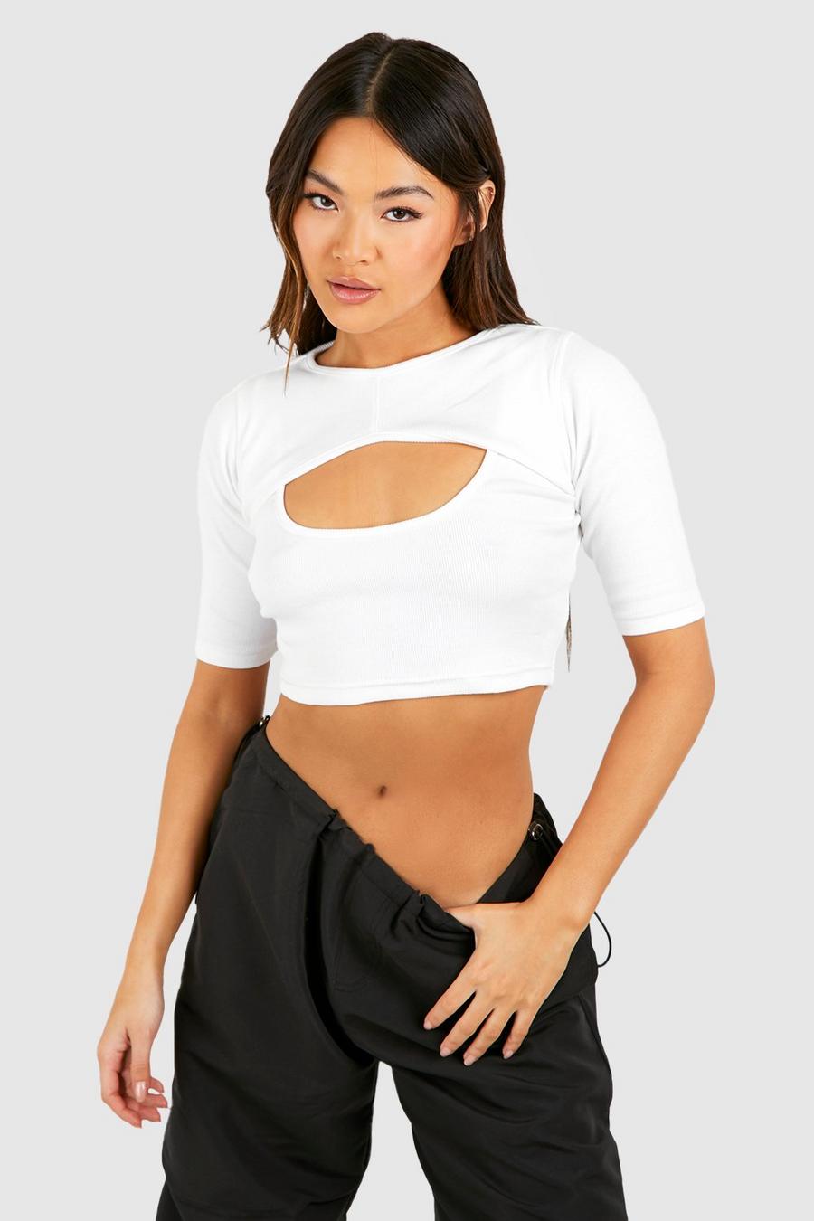 White Basic Rib Boat Neck Cut Out Crop Top