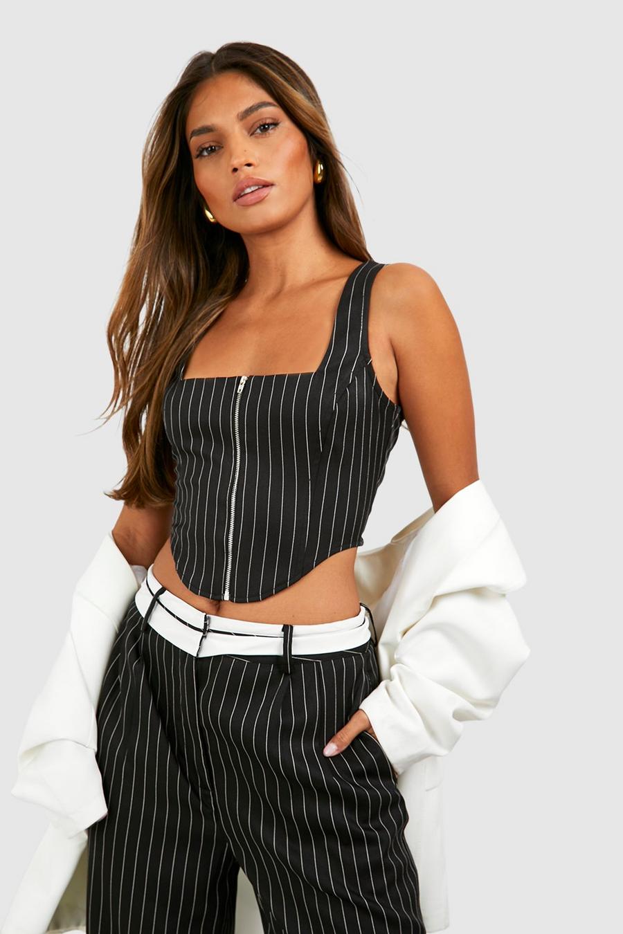 Black Stripe Zip Front Corset Top