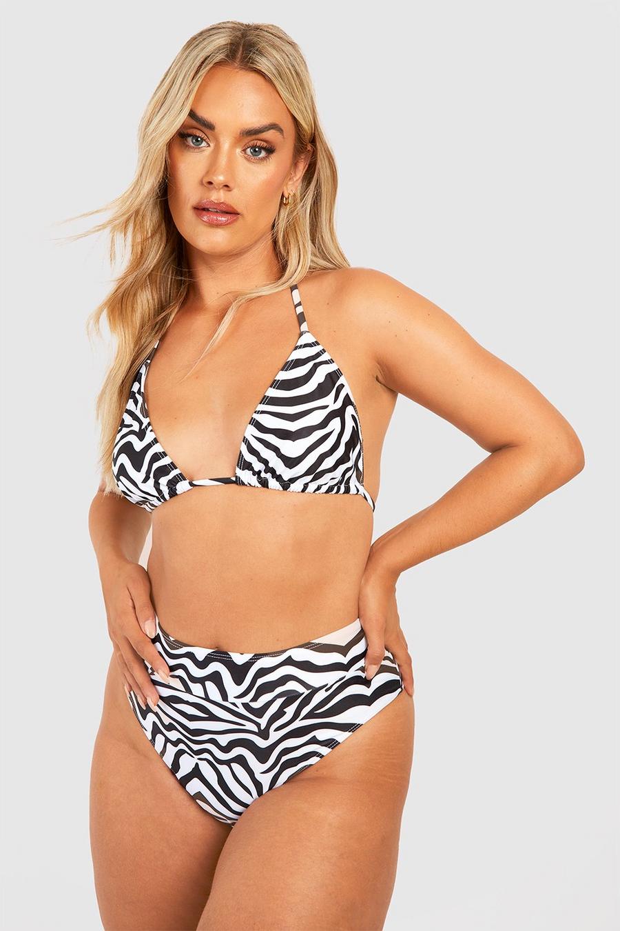 Slip bikini Plus Size a vita alta con stampa zebrata, Black