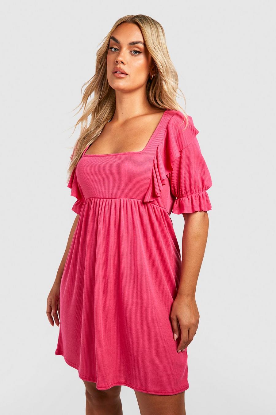 Hot pink Plus Ribbad klänning med volanger och puffärm