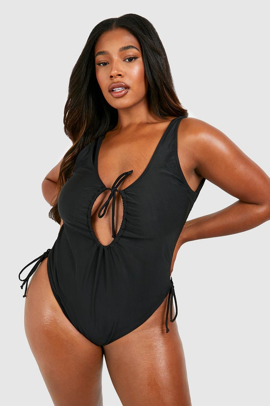 Plus Ruched Cut Out Tie Plunge Swimsuit