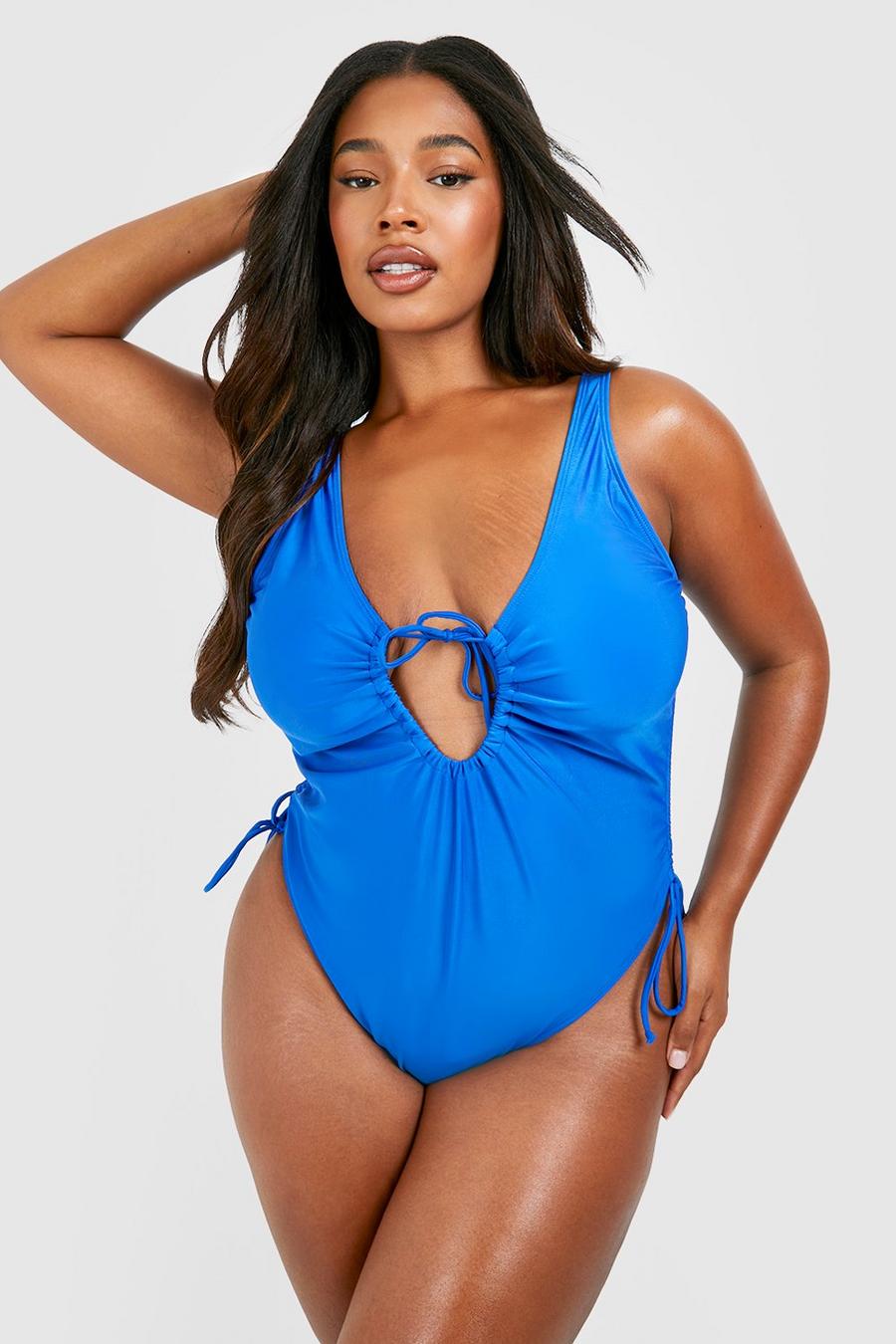 Plus Ruched Cut Out Tie Plunge Swimsuit