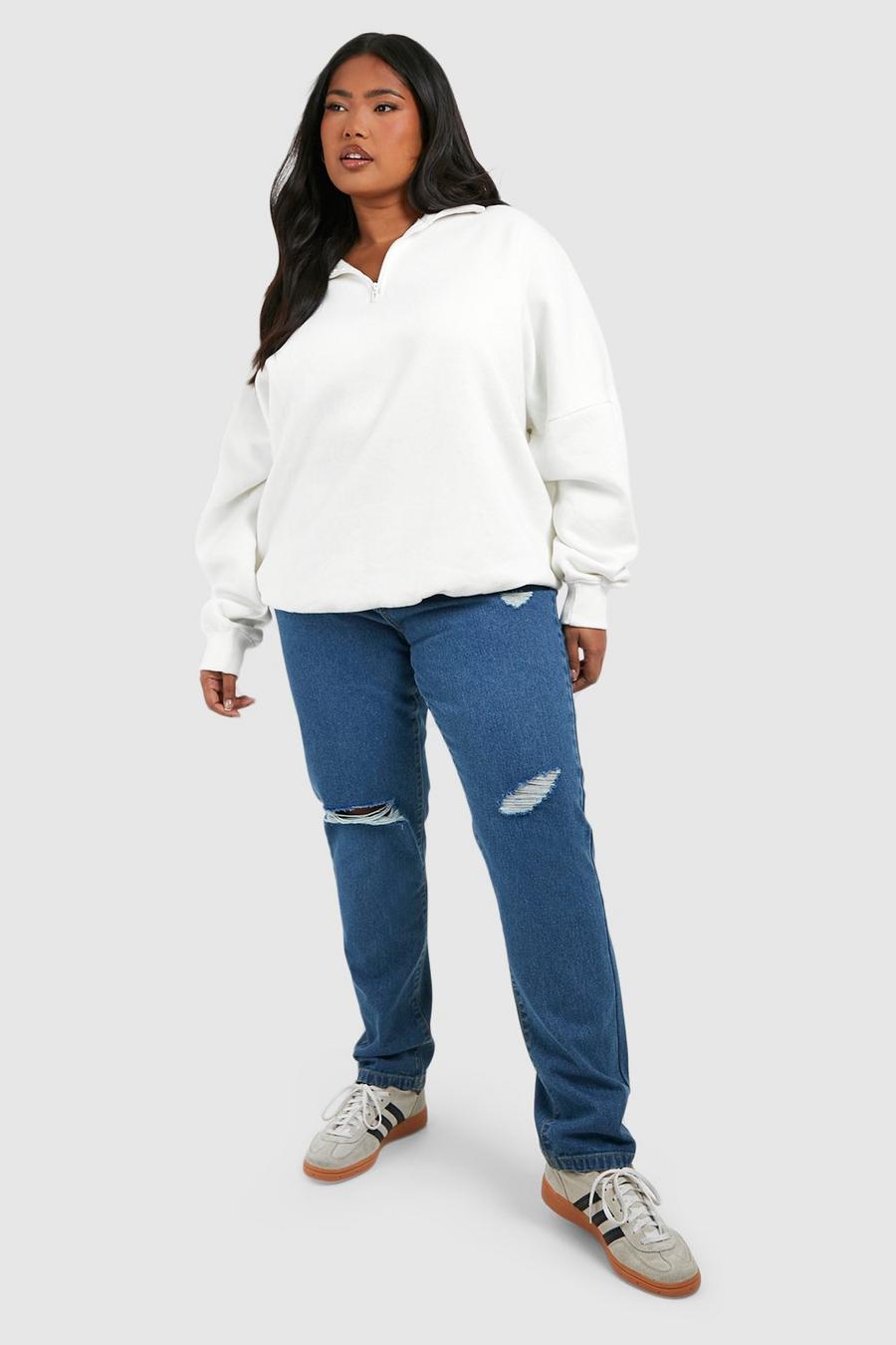 Plus zerrissene Basic Mom-Jeans mit hohem Bund, Mid blue