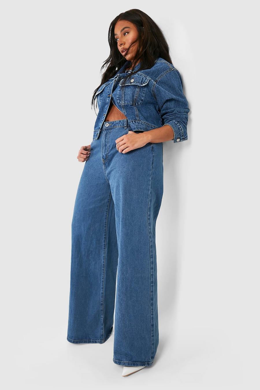 Mid blue Plus Basics High Waisted Wide Leg Jeans image number 1