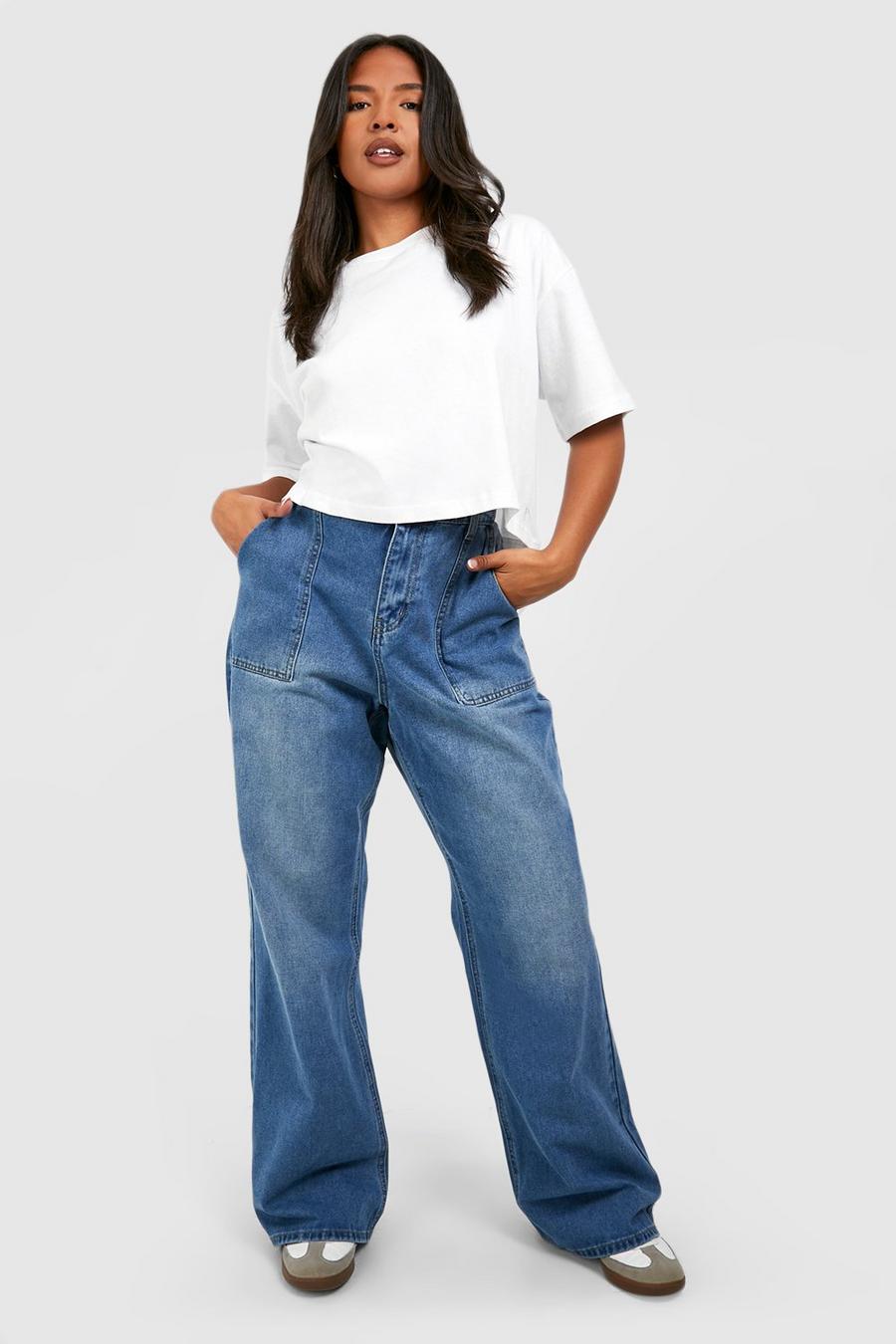 Jeans Plus Size a gamba ampia con tasche e cuciture, Mid blue