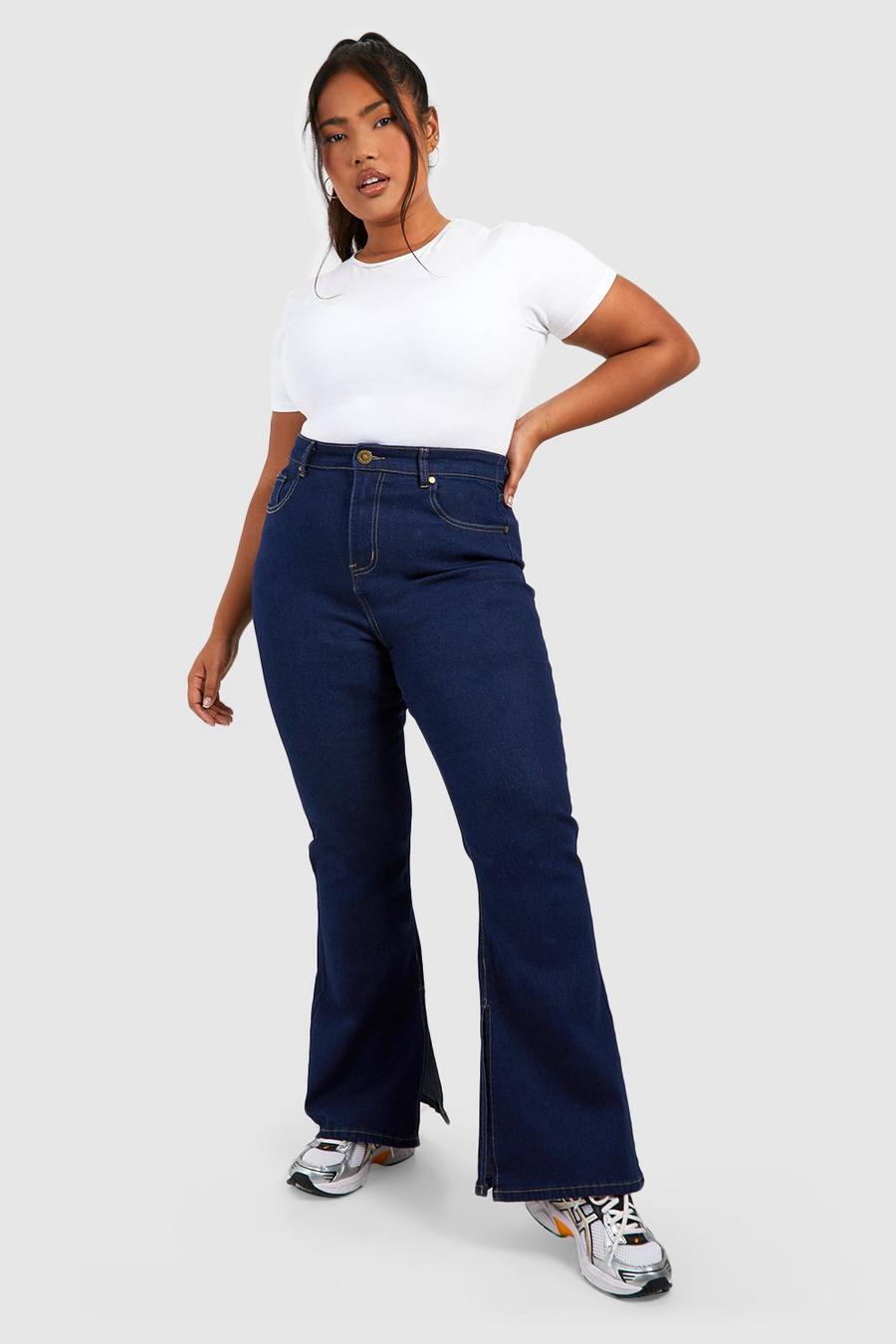 Jeans a zampa Plus Size a vita alta con spacco, Indigo