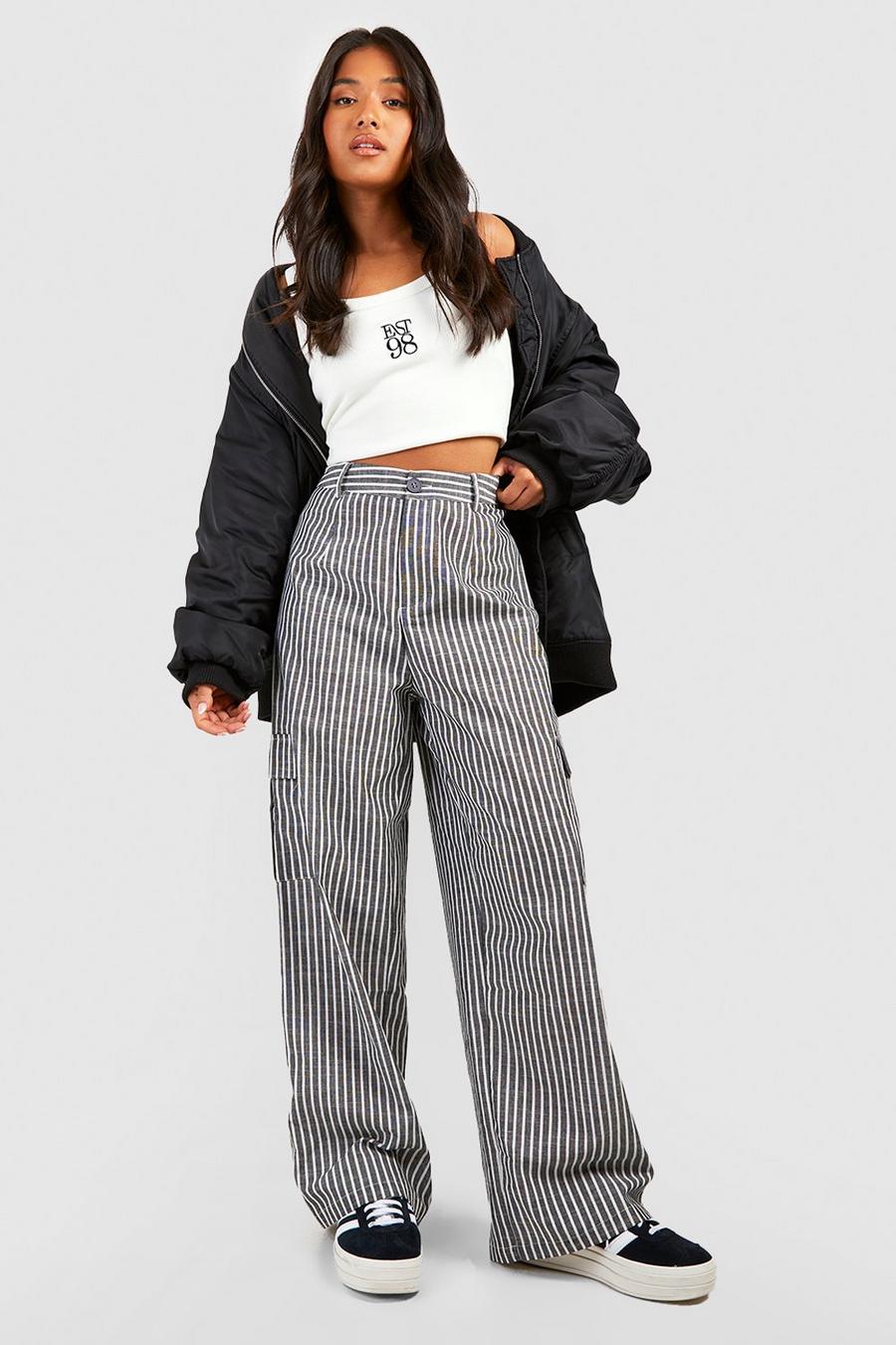 Black Petite Pinstripe Straight Leg Cargo Trouser 