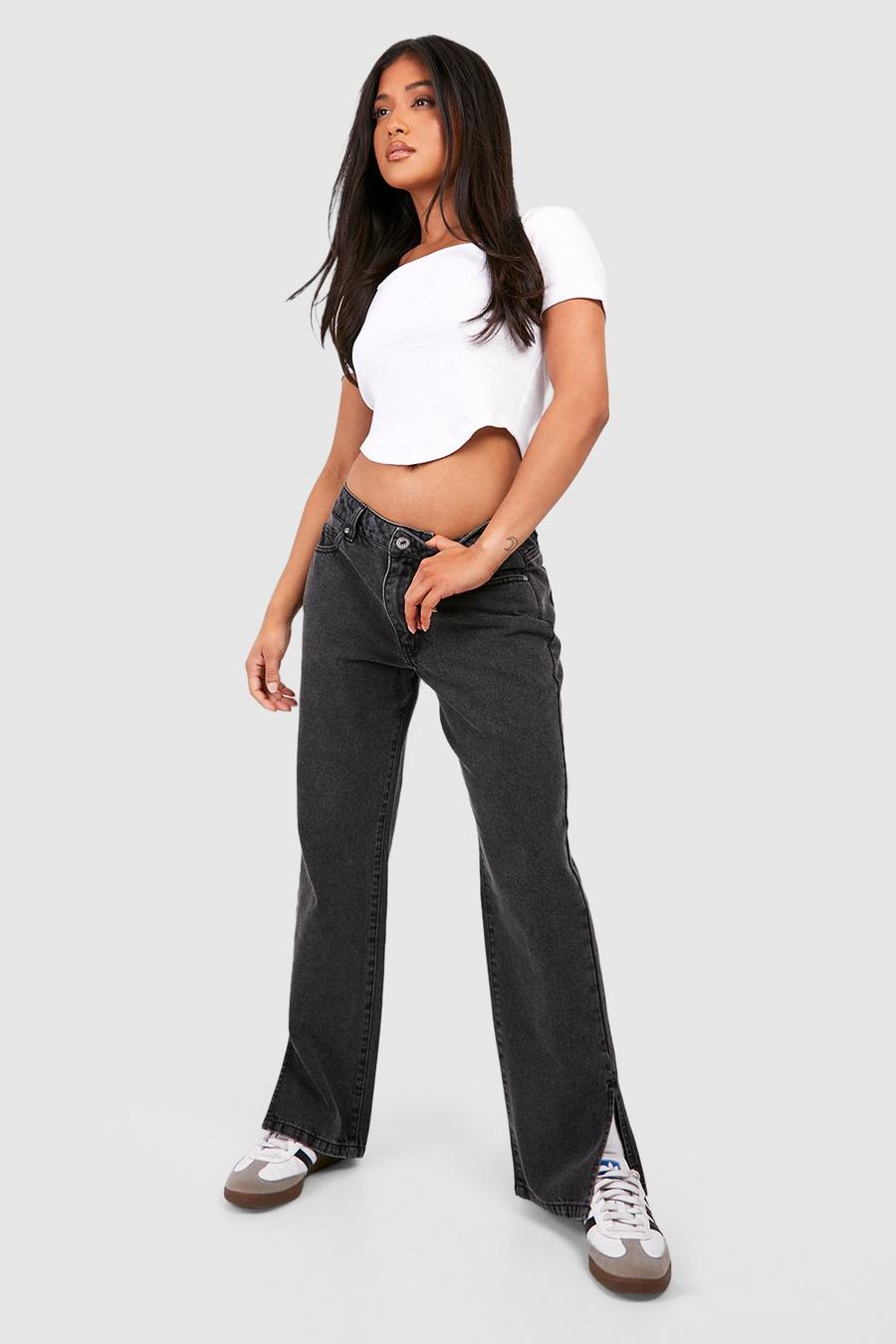 Petite Basics Jeans mit geradem Bein und Schlitz-Detail, Washed black