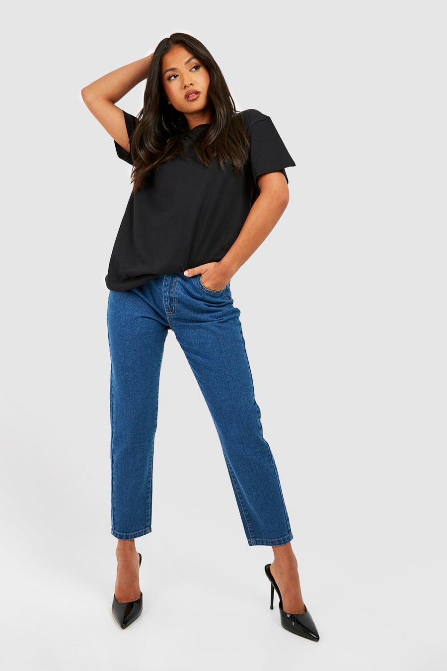 Petite Slim-Fit Basic Mom-Jeans, Washed indigo