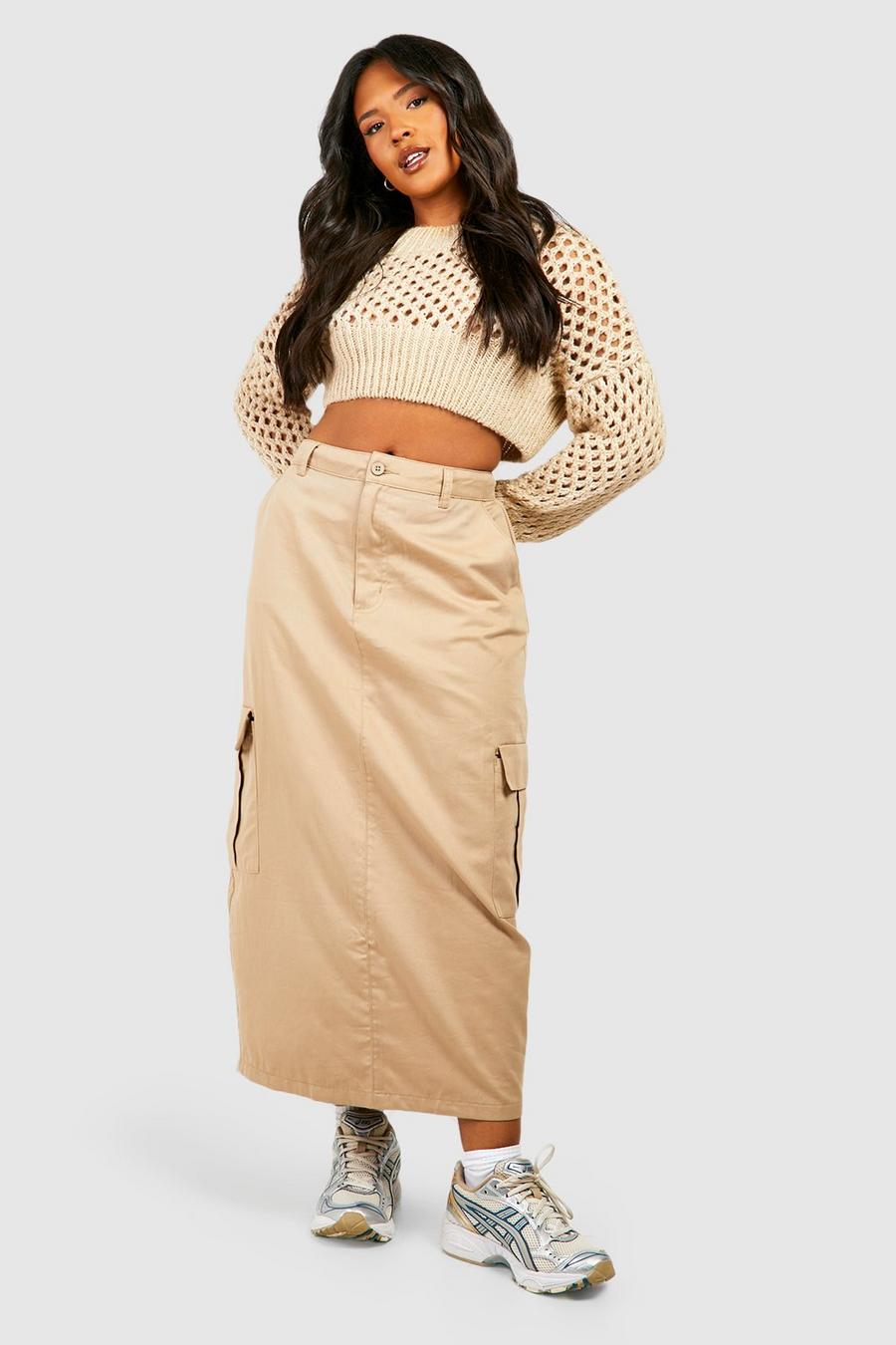 Taupe Plus High Waisted Twill Cargo Midaxi Skirt