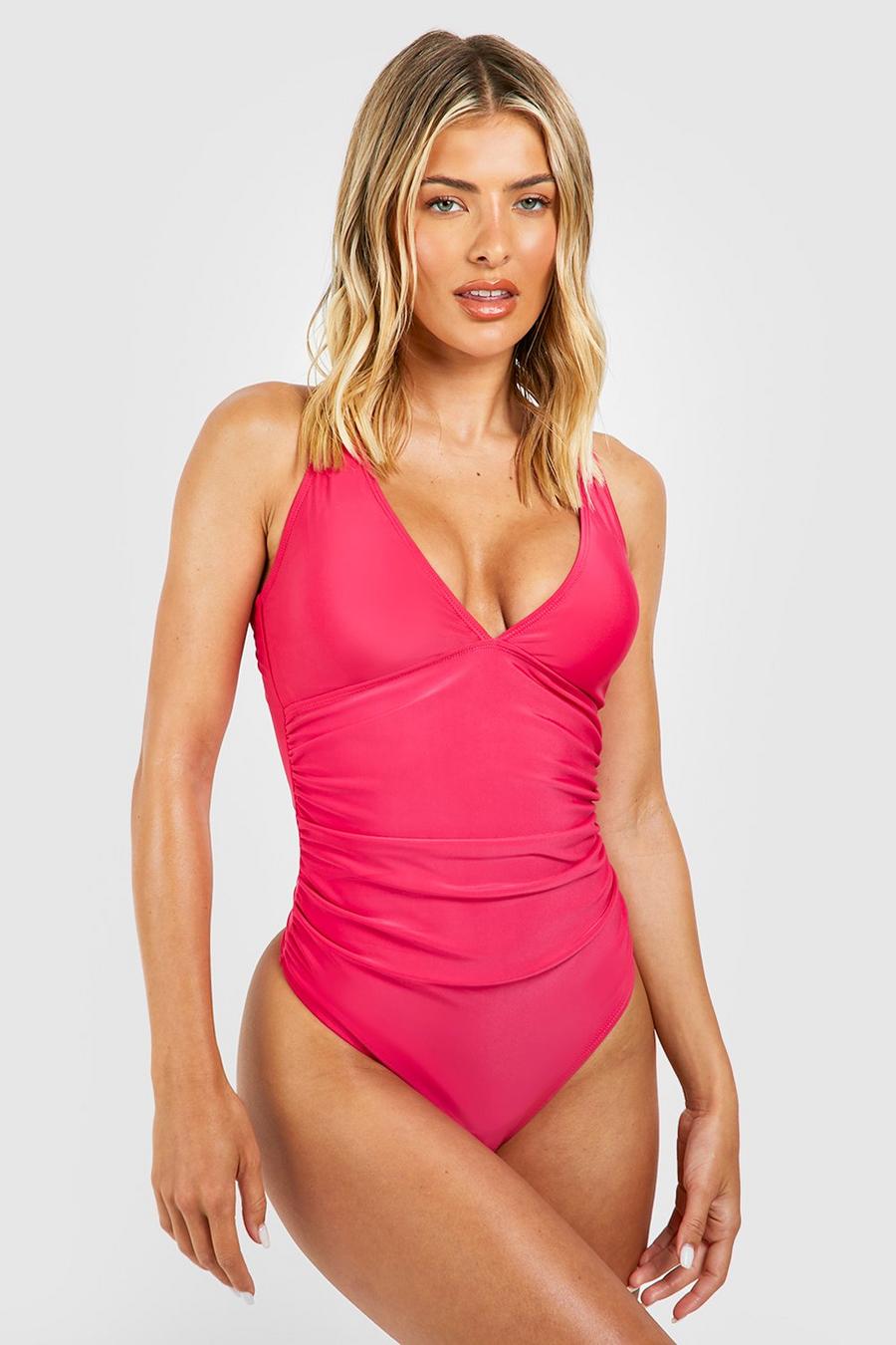 Fuchsia Tummy Control Ruched Plunge Swimsuit
